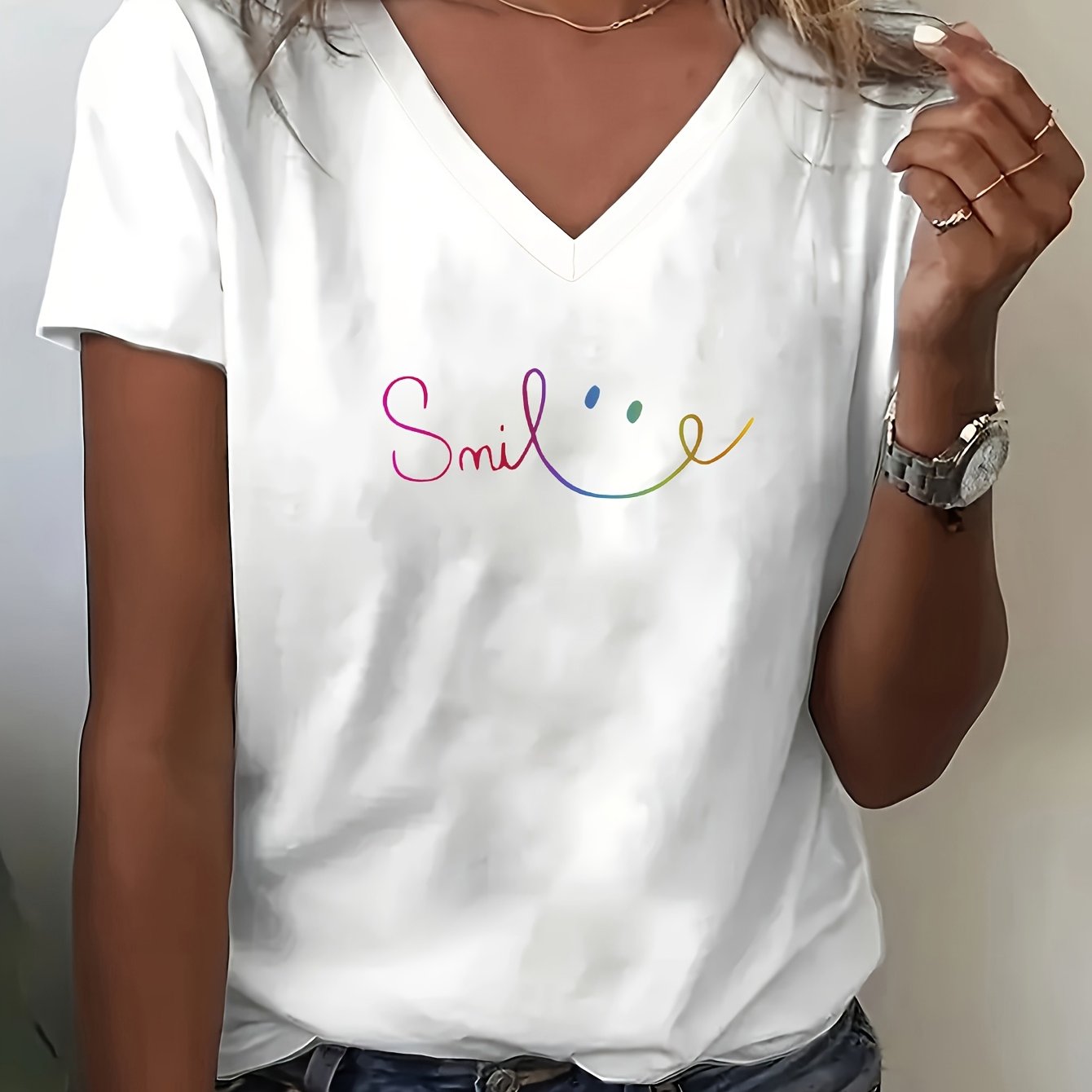 Image of Easy Letter Print V-neck T-shirt Women's Spring Summer Thin Round Neck Sweater Casual Versatile Loose Casual Athletic Short Sleeve Top