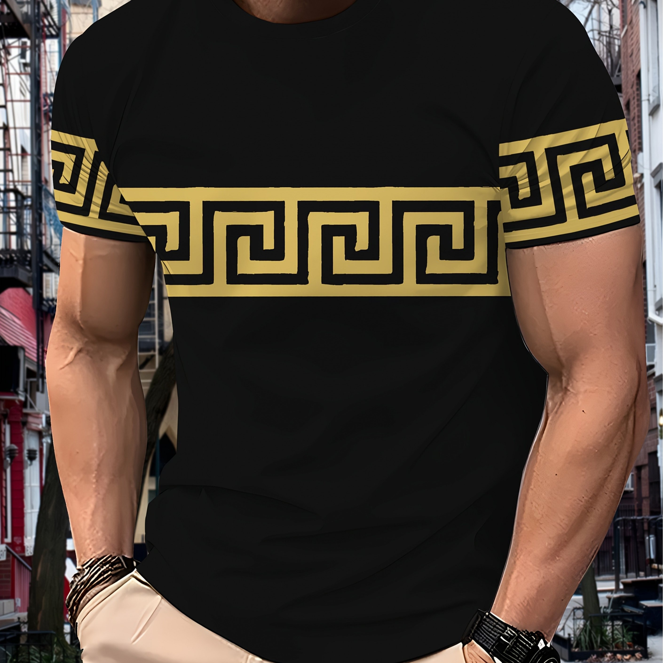 TEMU Men' Graphic Tee With Key Pattern - Casual, Short Sleeve, Breathable Polyester, Outdoor Sports & Fitness, Outdoor Sports Apparel | Modern