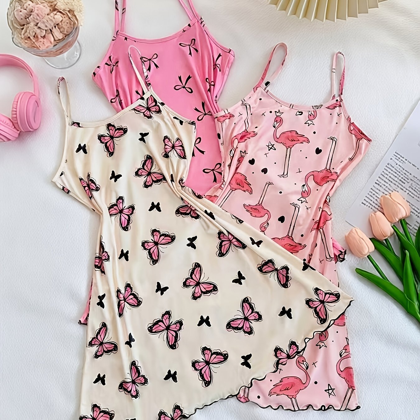 TEMU Ensemble de 3 nuisettes camisole à papillon, nœud et rose, 95% 5% élasthanne, doux et confortable avec détails élégants