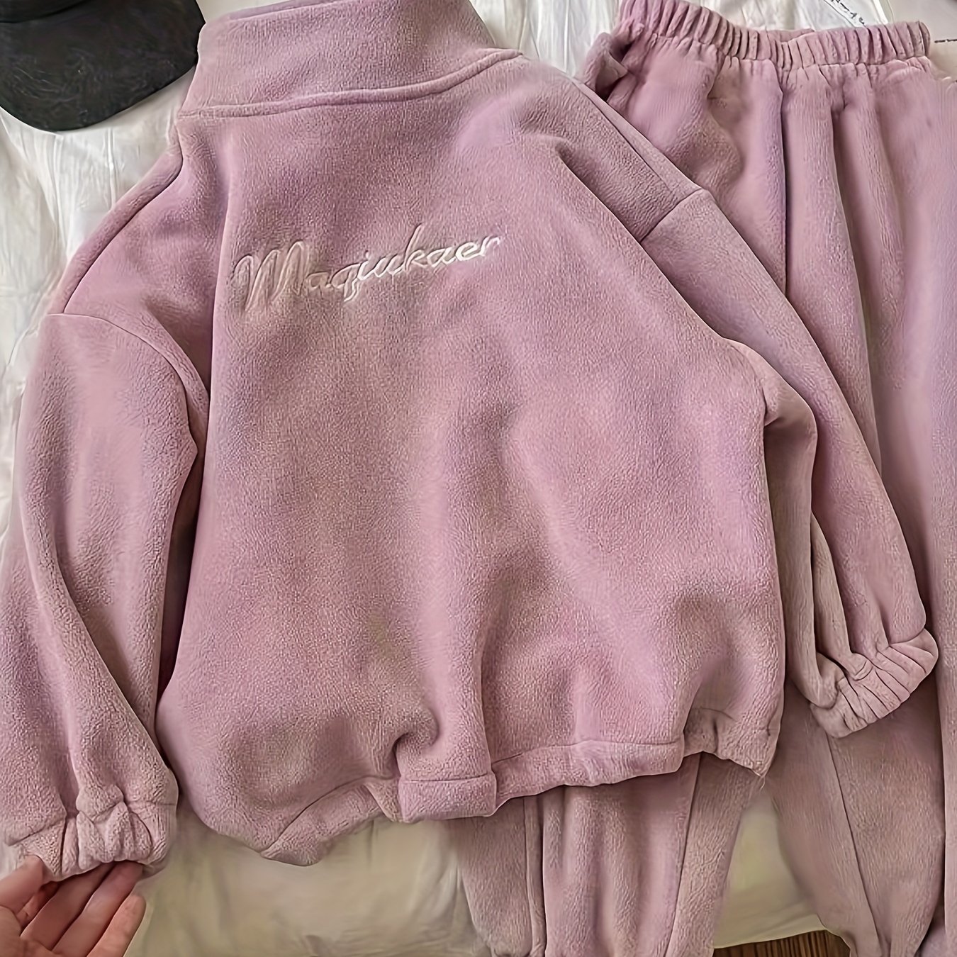 Image of Long Sleeve Warm Fleece Loose Fit Zipper Stand Collar Top And Pants Set, 2pcs Girls Casual Multi-functional Outfit, Suitable For Winter Autumn, For Outdoor