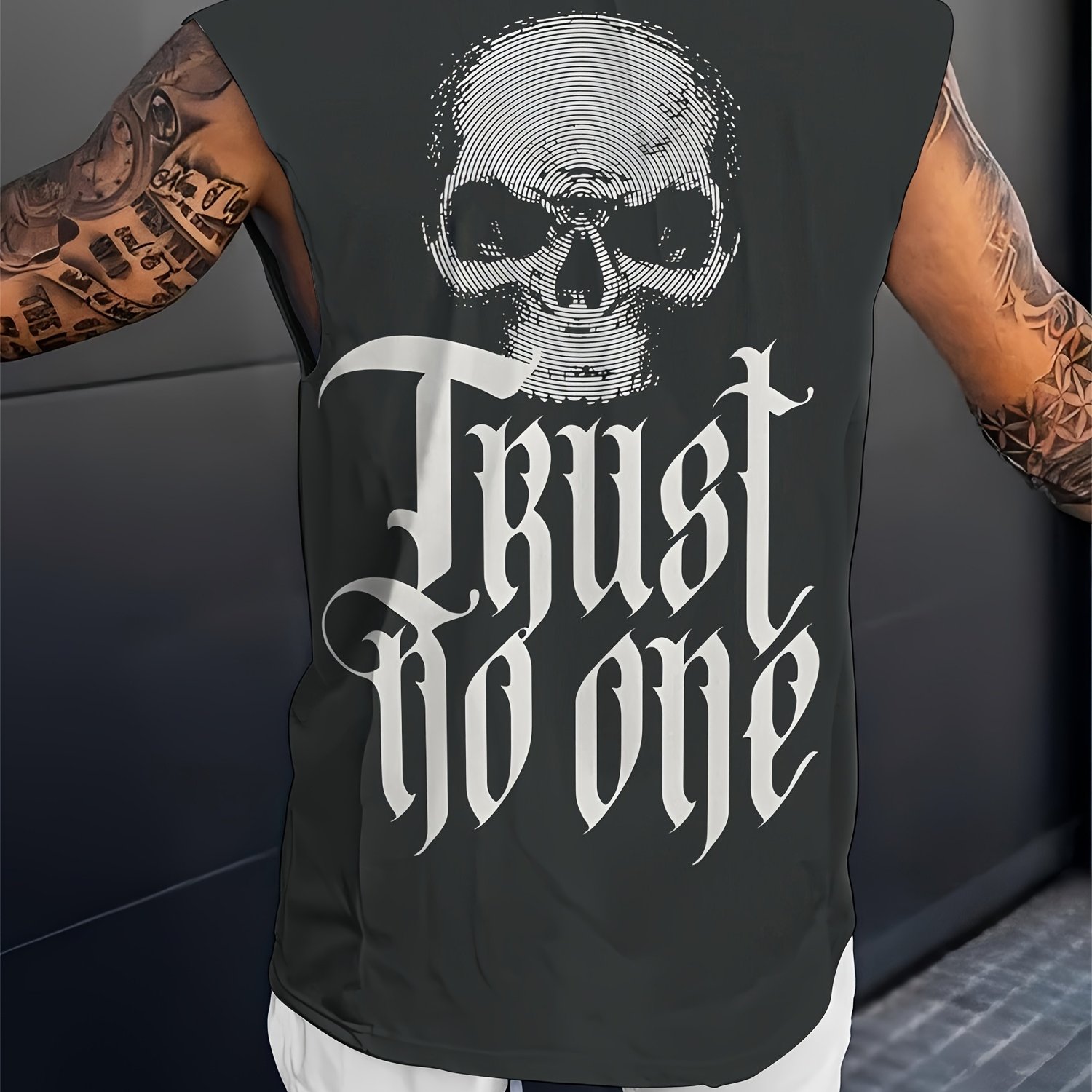 TEMU Men's Sleeveless Casual Tank Top Black Skull Graphic Print No 1 Lettering Summer Gym Workout Beach Daily Wear - Printed Design - Not Textured