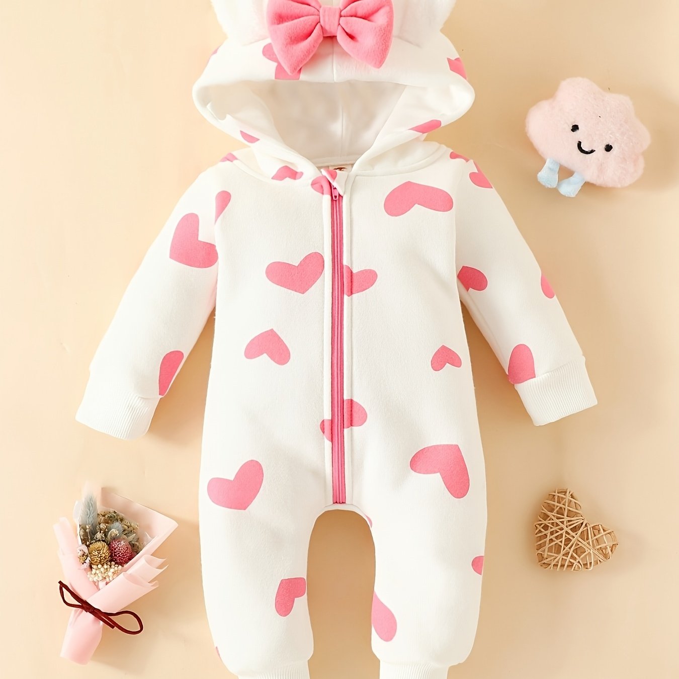 Image of Cute Baby Girl Hooded Heart Long Sleeve Long Leg Jumpsuit Autumn And Winter Sweet Heart-shaped Outerwear Onesie, For Outdoor