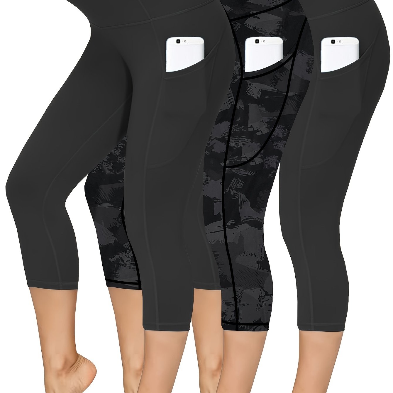 Image of 3pcs Yoga Pants Set, Plus Size Sports Leggings, Women's High-waisted Capri Yoga Pants, Quick-dry Compression Leggings, High-stretch Running Outerwear Long Pants/leggings