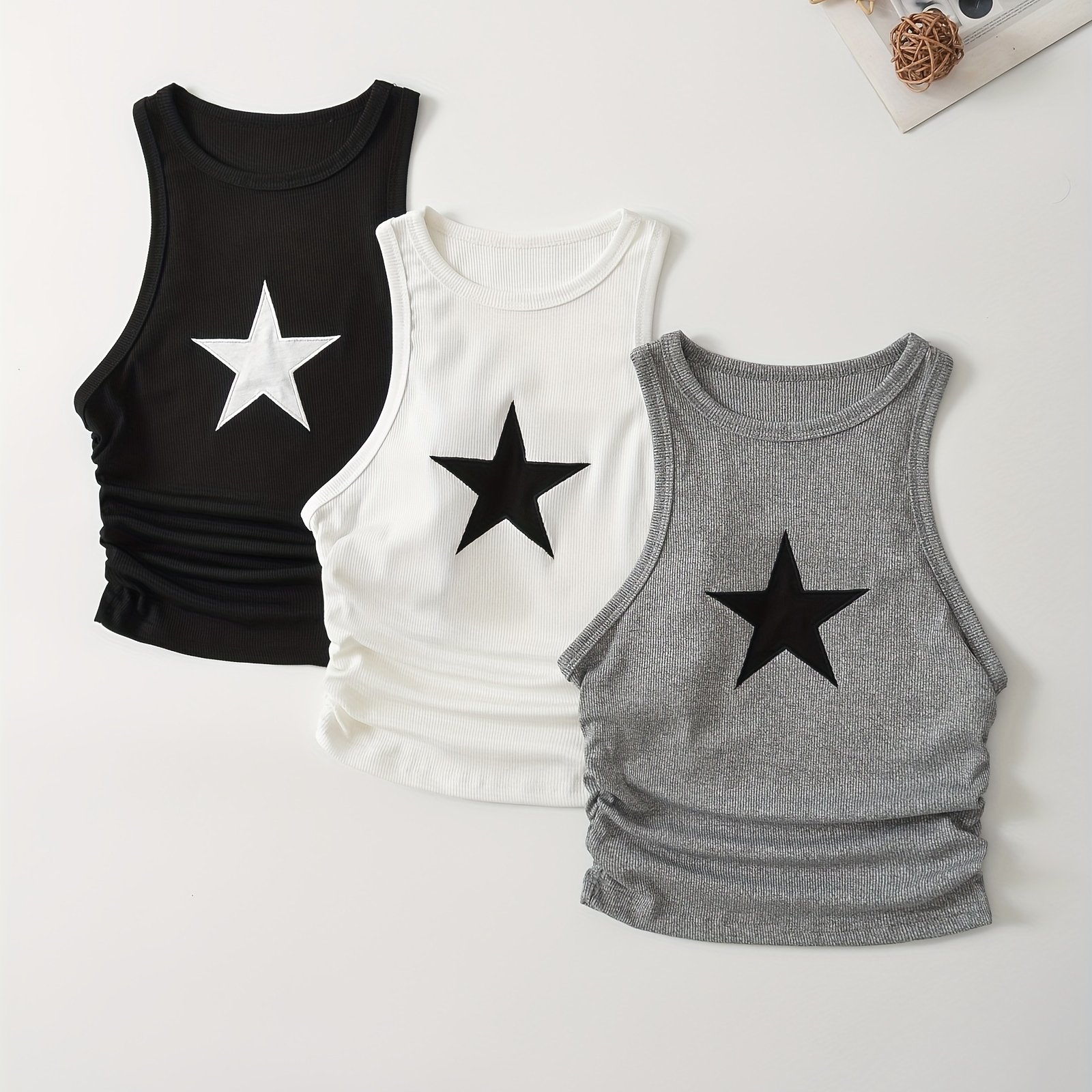 3pcs Set Y2k Niche Pentagram Appliqué Side Ruched Sleeveless Base Layer Fashion Vest Women's Clothing