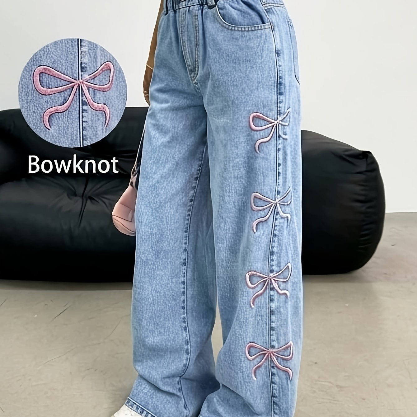 TEMU Light Colored High Waisted Loose Straight Leg Pants For Girls, Simple And Trendy Wide Leg Jeans With Bow Embroidery For Medium And Large