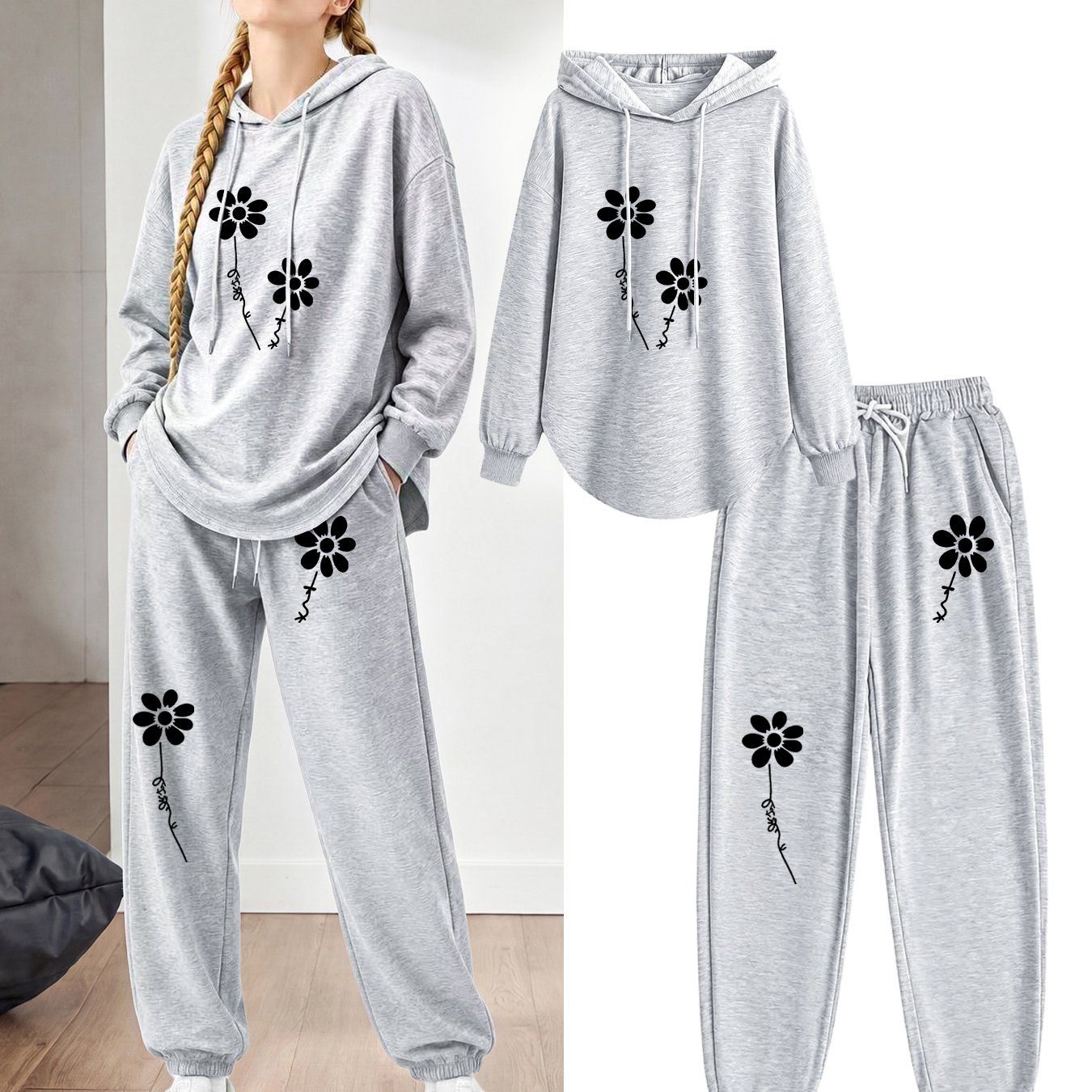 TEMU Floral Print Drawstring Hoodie And Sweatpants Set - Women's Casual Long Sleeve Pullover Tops With Elastic Waist Joggers, Comfortable Activewear