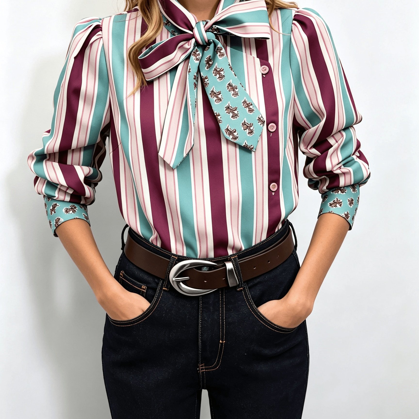 TEMU Blusa con Pajarita a Rayas, Cuello y Puños , Ideal para /Otoño, Ropa de Oficina, Estilo Elegante, Corte Holgado, Casual, Versátil, para el