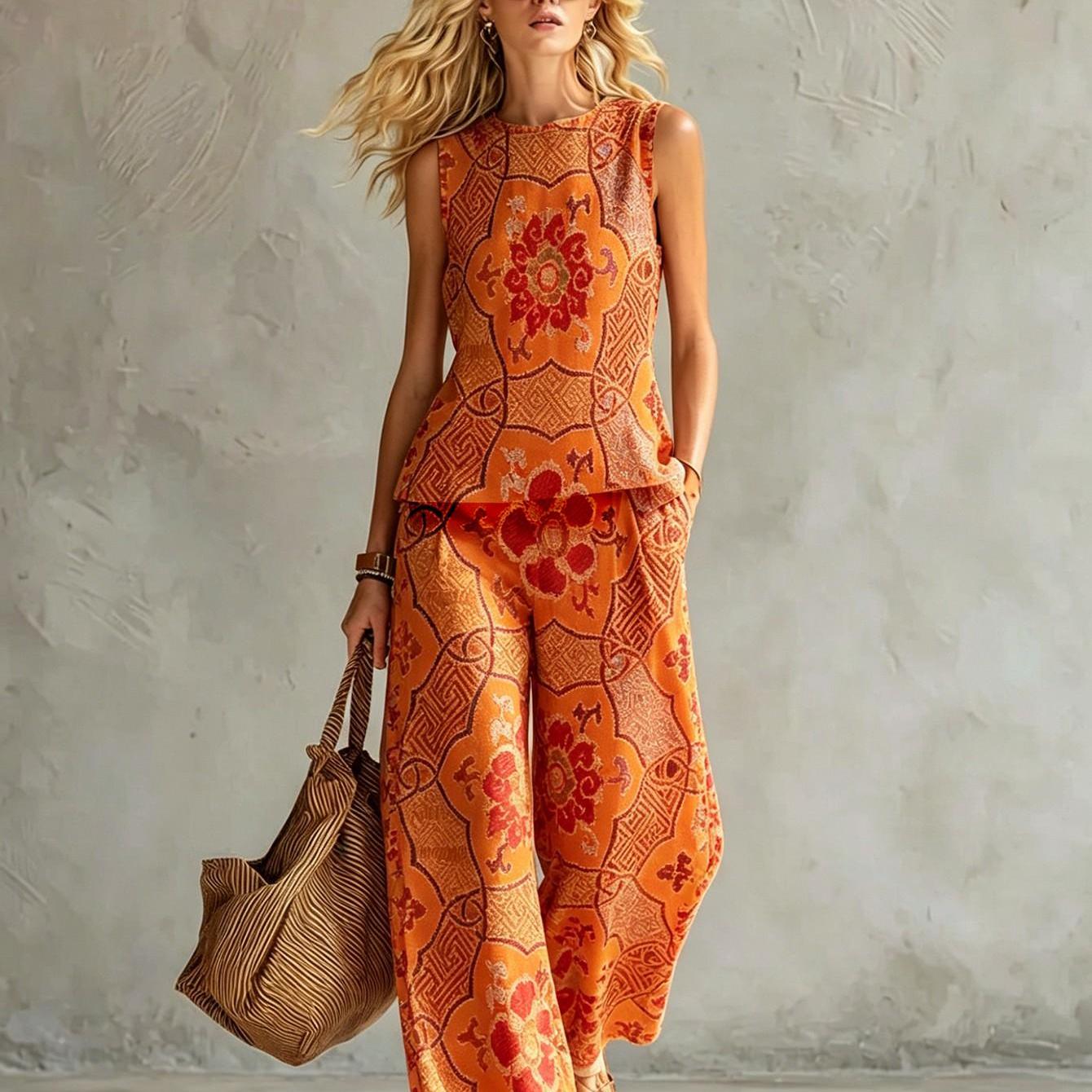 Image of New Women's Summer Clothing: Top And Pants Set Orange Floral Geometric Print Summer Women's Vest Set Casual Wear Machine Washable Fiber Easy And Two-piece Set 2d Flat Printing Summer