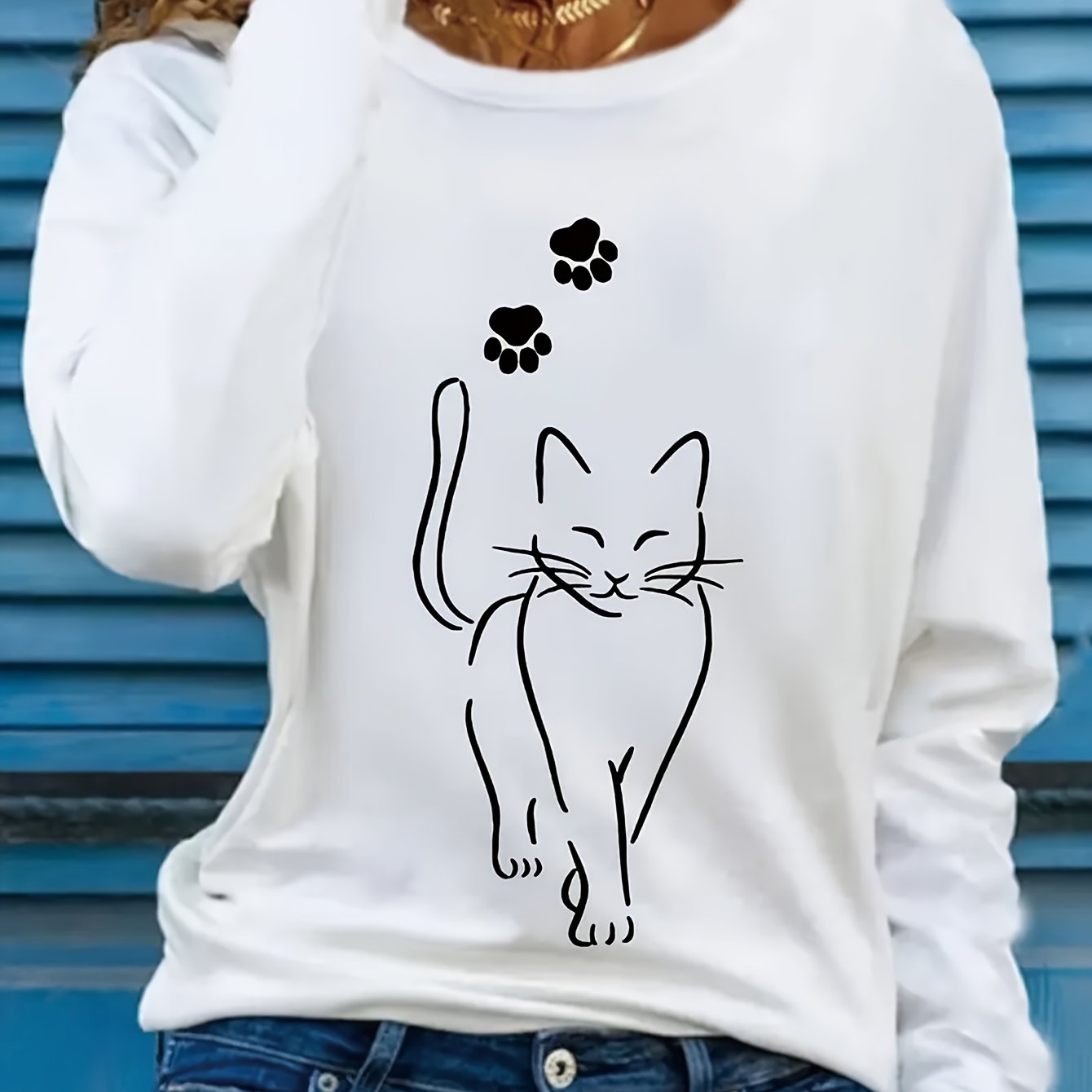 TEMU Comfortable And Versatile Long-sleeve T-shirt With A Kitten Design