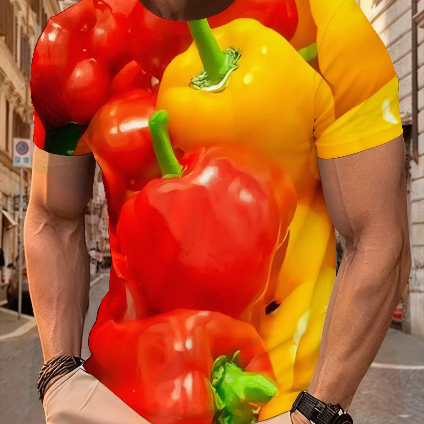 TEMU Men's 3d Printed Bell Pepper T-shirt | Vibrant Red Peppers, Short Sleeve, Urban , Breathable Blend Tee For Summer Outdoors