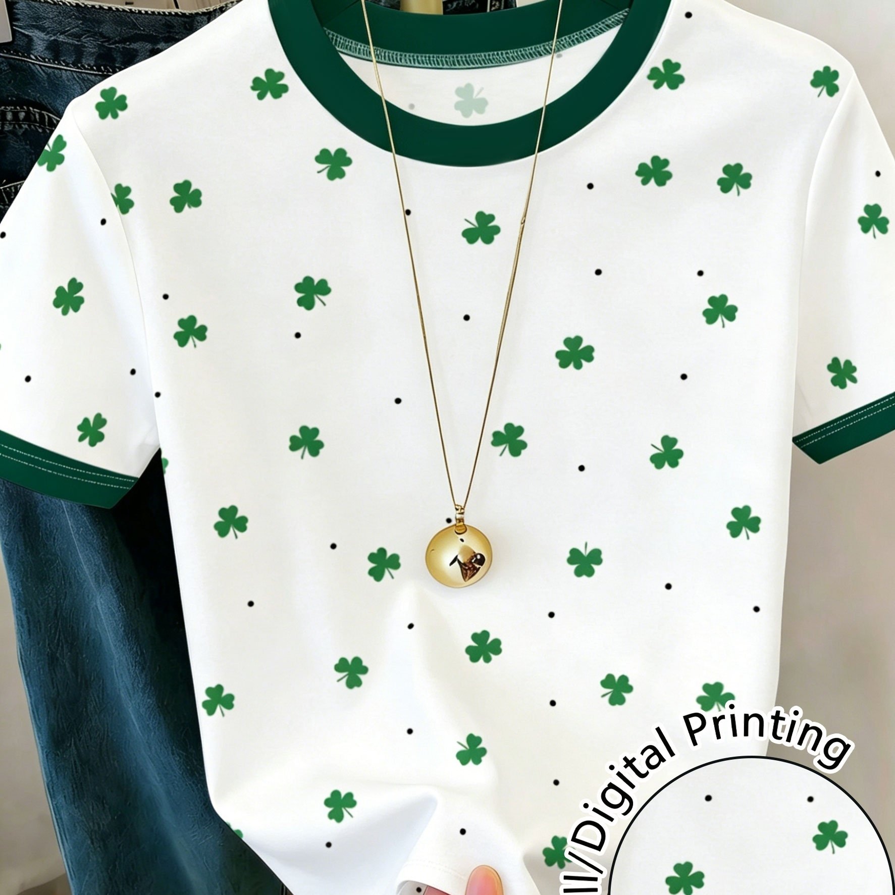 TEMU Green Shamrock Print Short Sleeve T-shirt, Green Contrast Crew Neck Casual Top