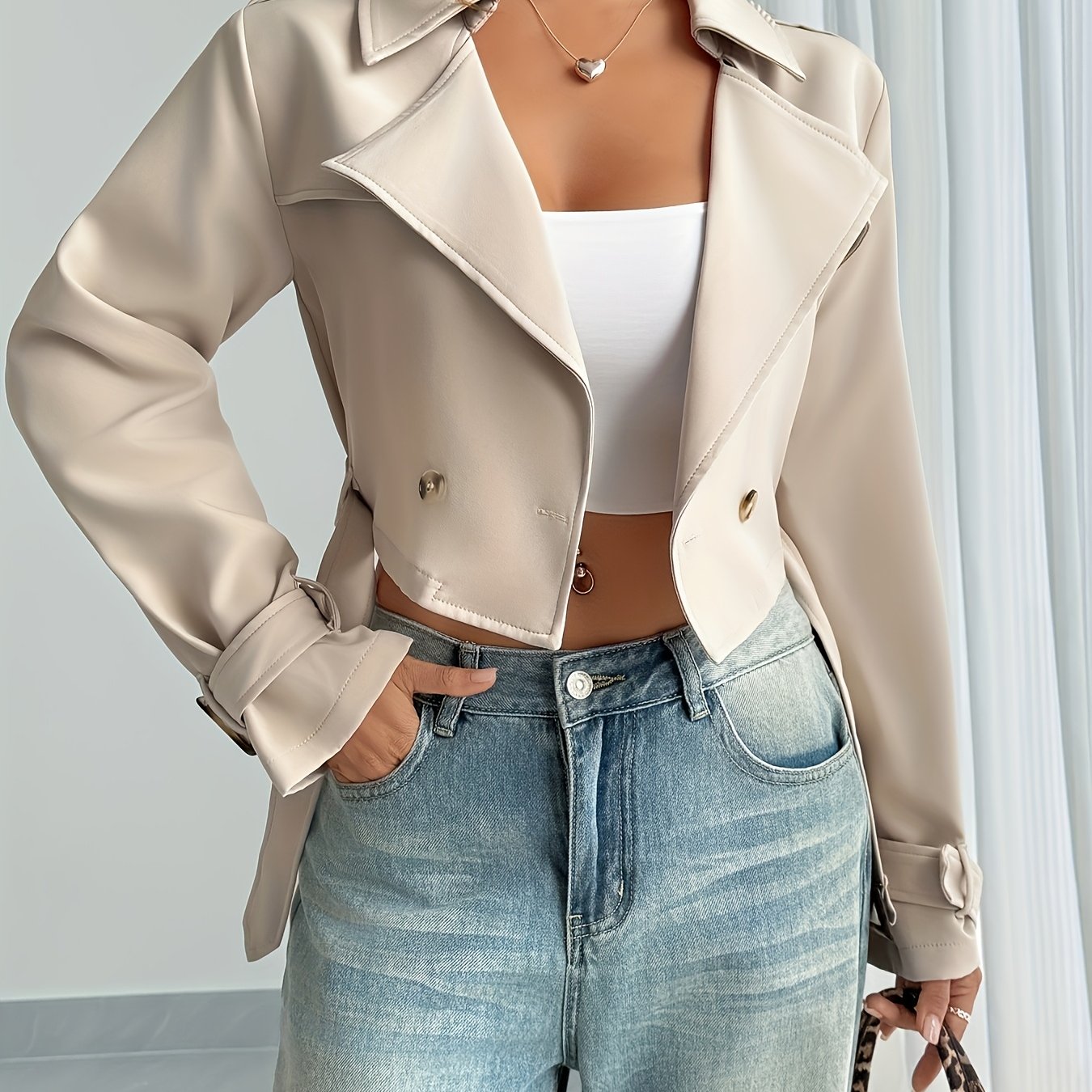 TEMU Women's Notch Lapel Button-front Long Sleeve Short Trench Coat, Suitable For Daily Casual