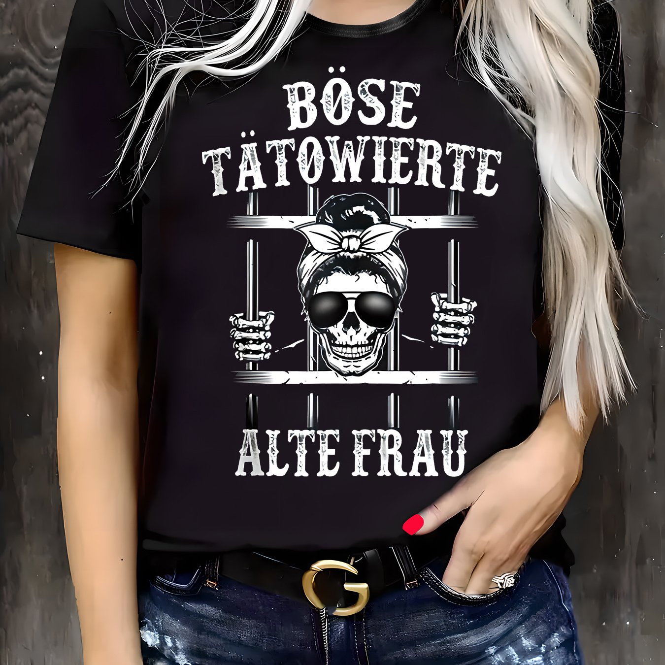 TEMU Plus Size Women's Casual Graphic T-shirt - Edgy Skull & Text Print, Stretchy Knit Fabric, Round Neck Short Sleeve Top For Spring/summer, Machine
