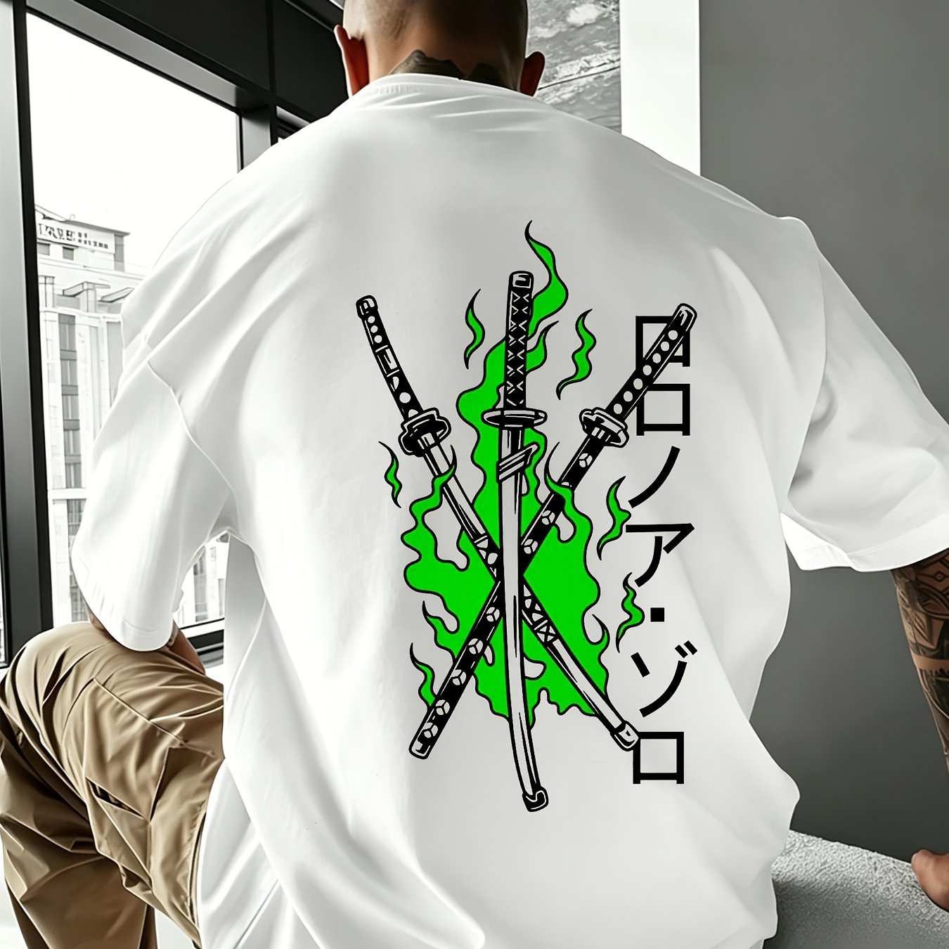 Image of Men's Spring T-shirt - Japanese Swords Graphic - Green Flame Anime Print - Streetwear Style - Oversized Loose Fit - Fan Casual Tee