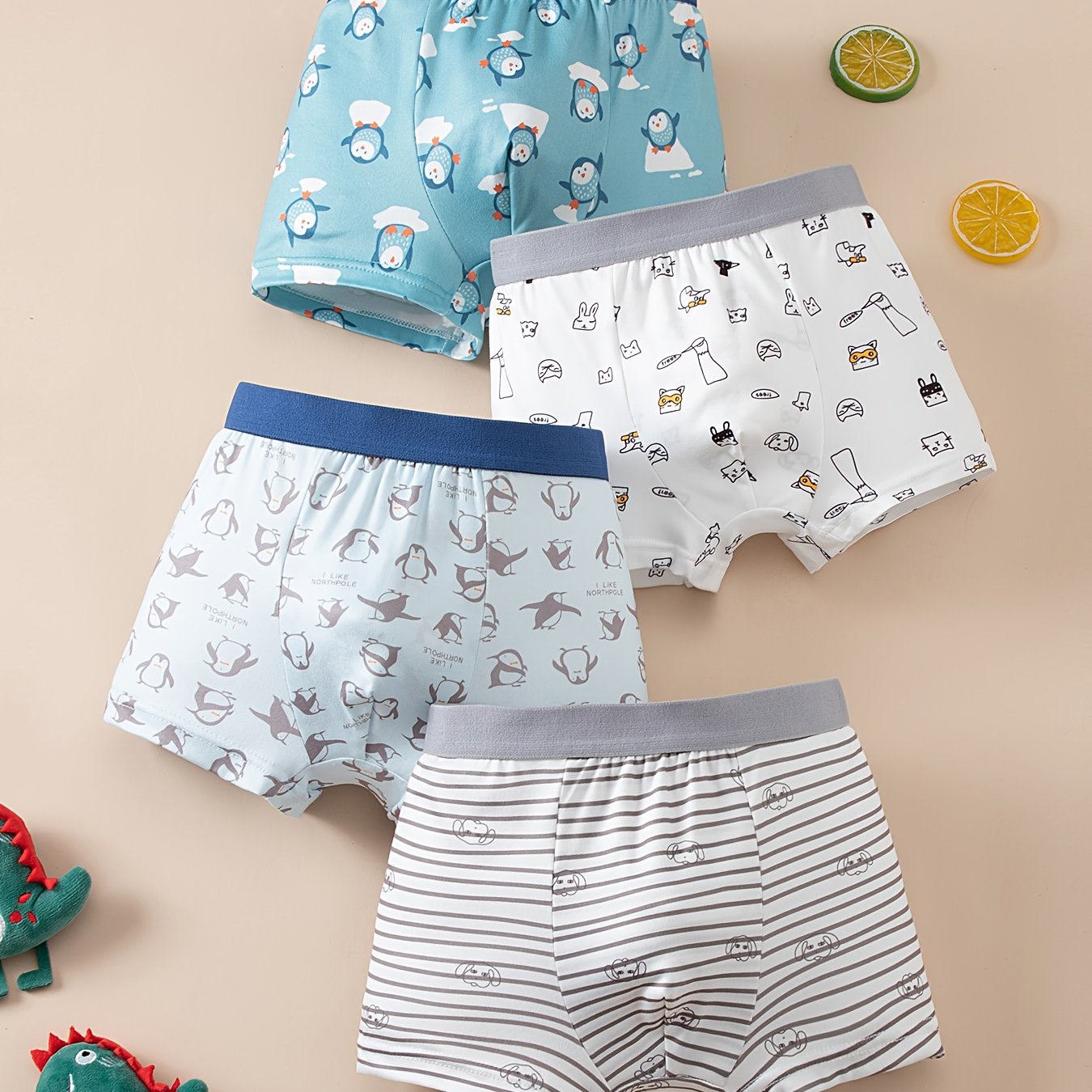 TEMU 4pcs Kids' Boxer Briefs For Medium To Large Toddlers, Boys And Babies, Penguin Stripe, Puppy Animal Print Pattern, Unisex Underwear, Soft And