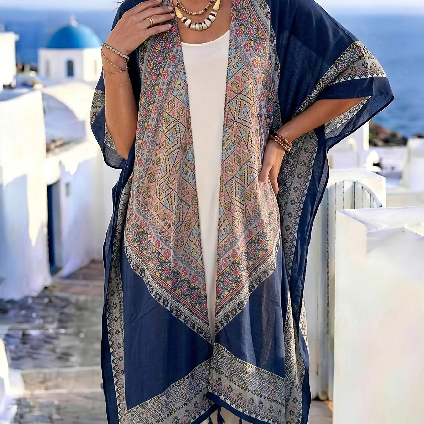 TEMU Plus Size - Women's Bohemian Navy Ethnic Style Geometric Floral Print Open Cardigan