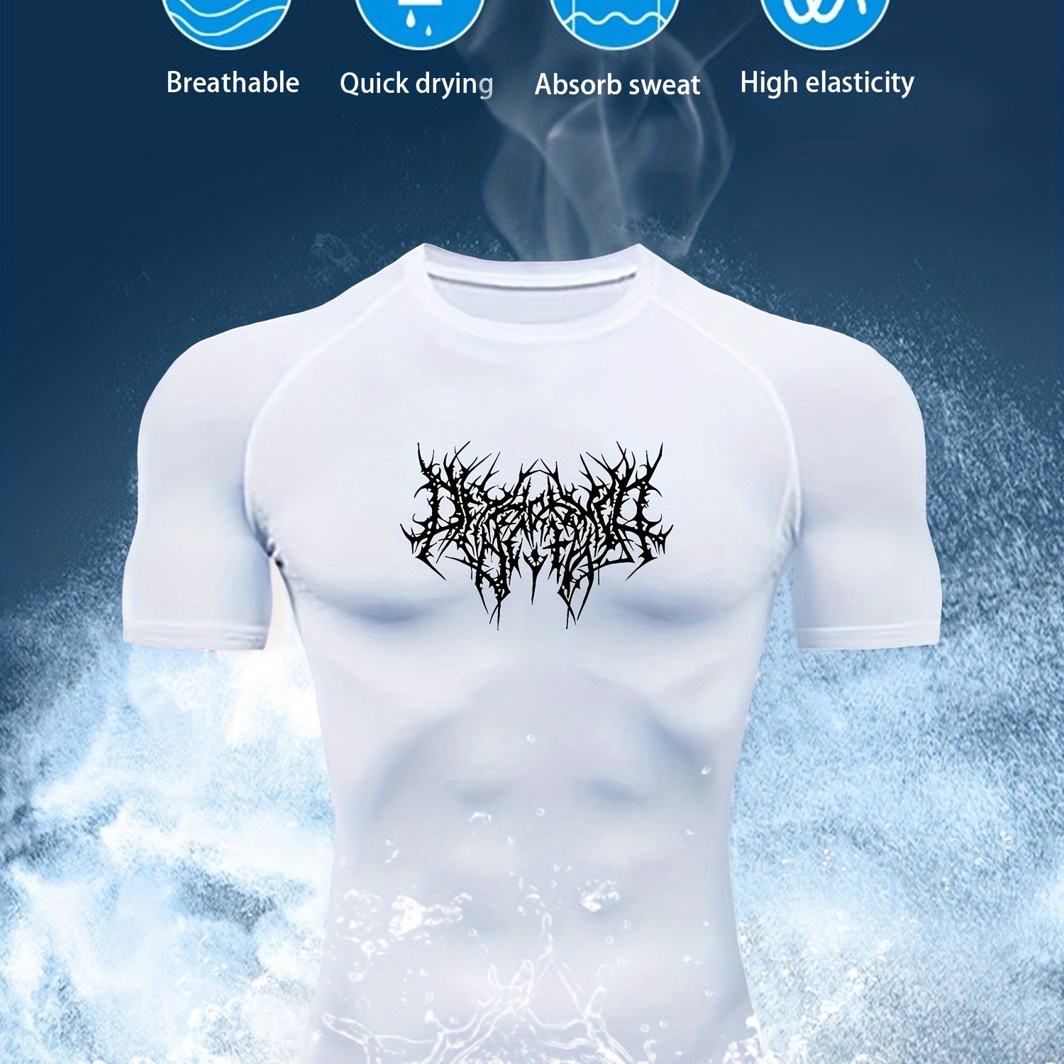 TEMU Men's Thorn Print Running Shirt - Quick- T-shirt, Breathable & High Elasticity, White With Black Foliage Design, Ideal For Fitness & Sports
