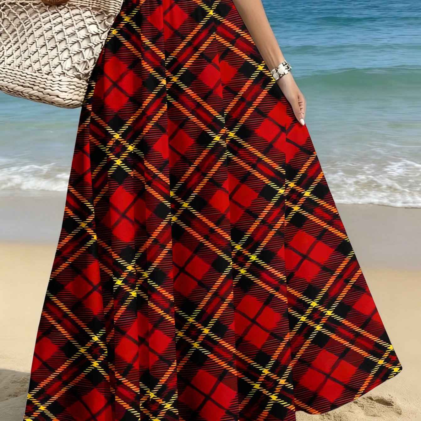 TEMU Plus Size Women's Elegant Fashion Skirt, Casual Printed Midi Skirt, Red Plaid Background Pattern, /casual/date/party/beach Women's Skirt, Summer