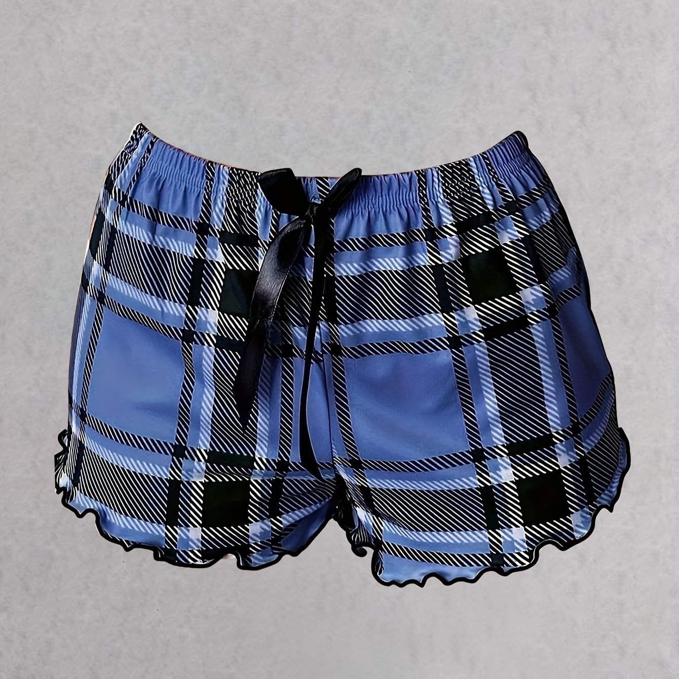 TEMU Women's Plaid Print Pajama Bottoms With Bow Decor & Frill Trim, Comfortable Sleepwear, Casual Summer Fashion