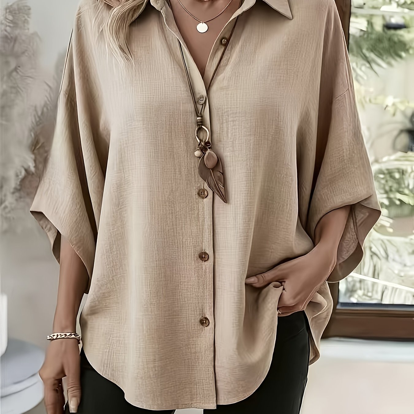 TEMU Women' Color Lapel Loose Casual Shirt, Fashionable Elegant Single-button Cardigan Top, And Vacation Multi-scene Wear
