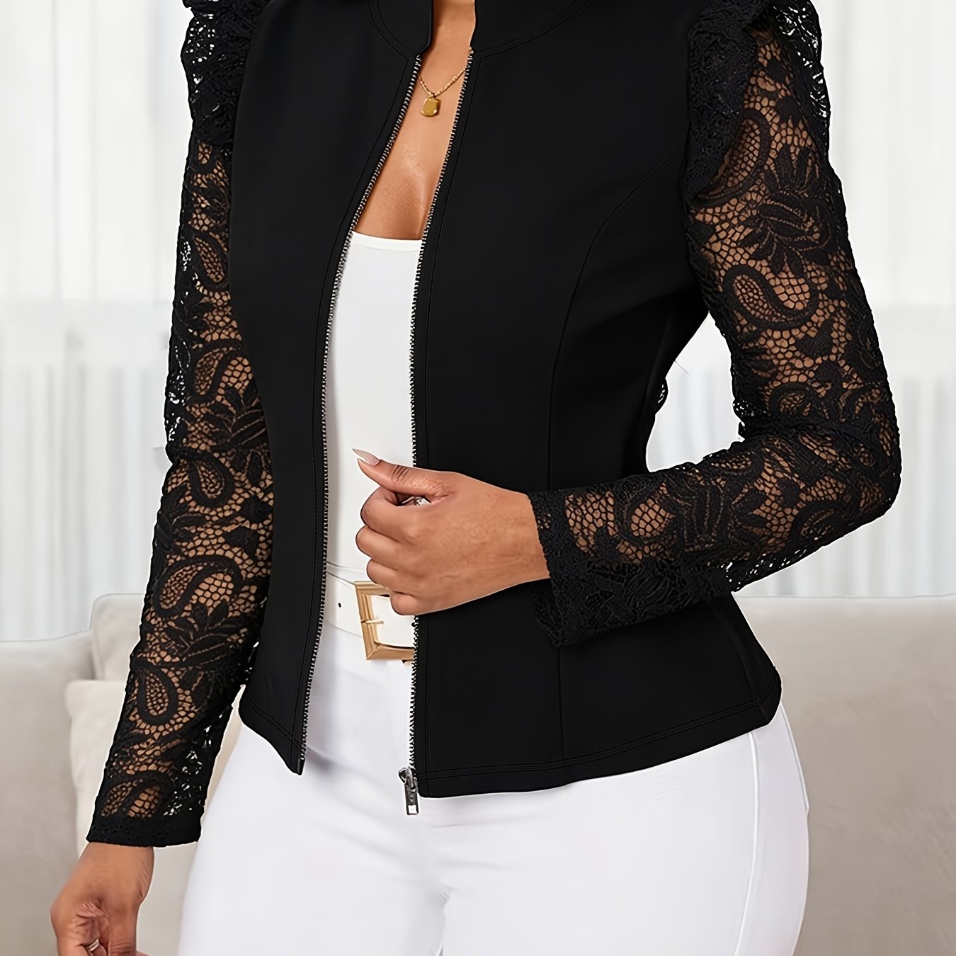 TEMU A Solid-color Lace-trimmed Zippered Long-sleeve Women's For Spring And Autumn