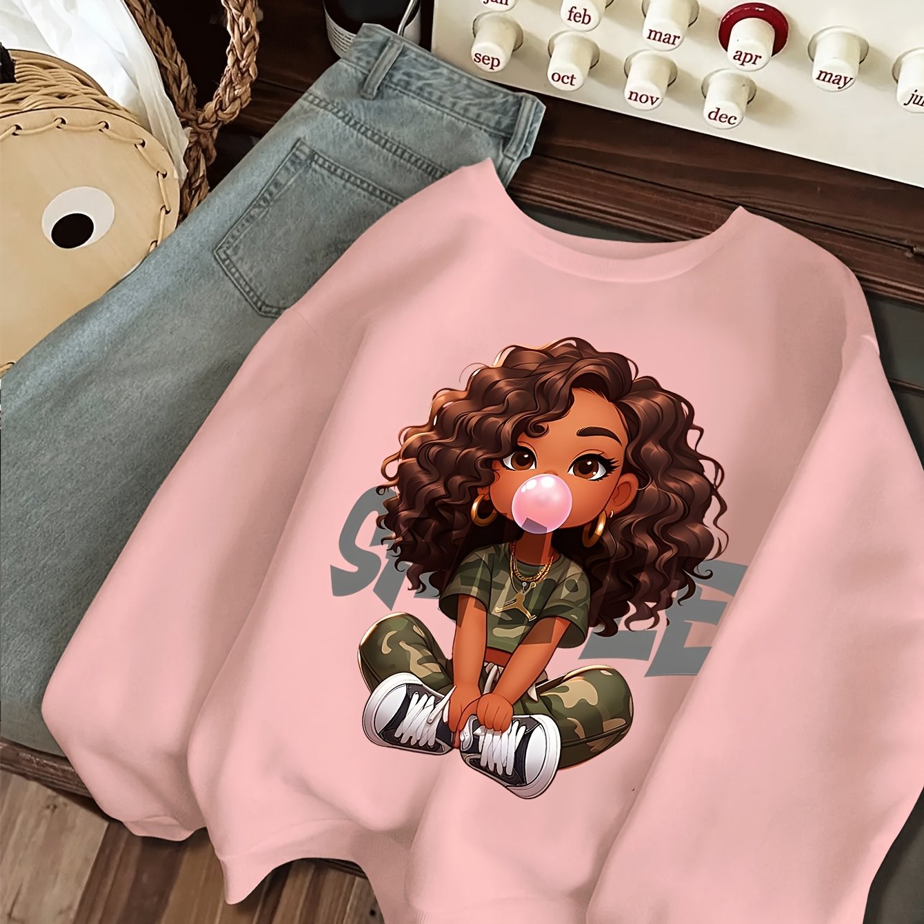 Girls' Fashion Cartoon Head Print Crew Neck Sweatshirt, Suitable For Girls' Autumn/winter Outdoor Casual Wear, Ideal As A Children's Gift