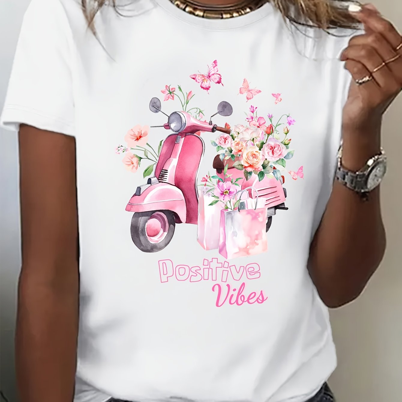 Ladies Casual Romantic Electric Bike, Floral & Monogram Print Round Neck Short Sleeve Fitted T-shirt, Summer, Machine Washed, Regular