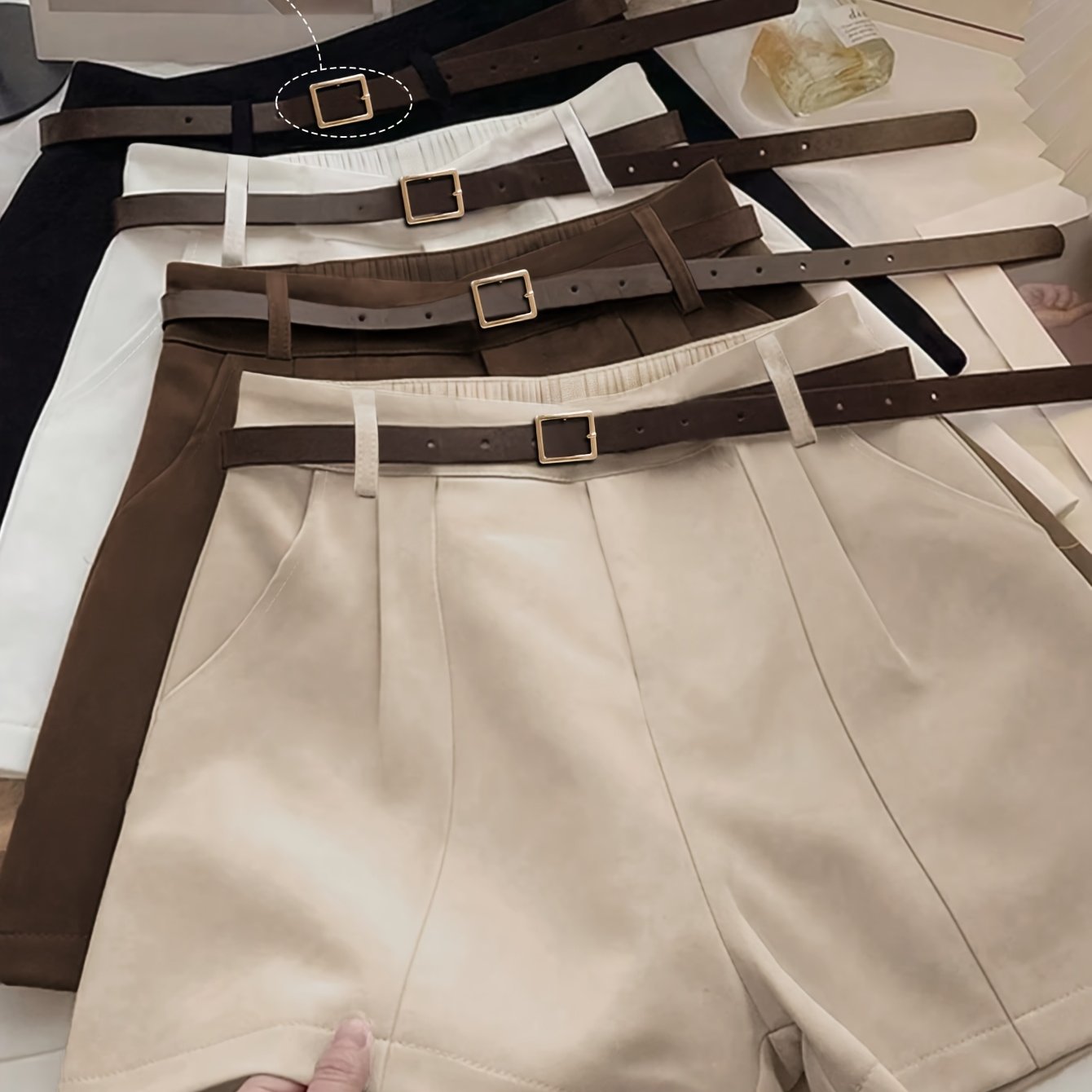 TEMU Fashionable And Elegant Loose-fit Wide-leg Shorts With Elastic Waistband, A Set Of Multiple Casual Loungewear Shorts   A Complimentary Belt