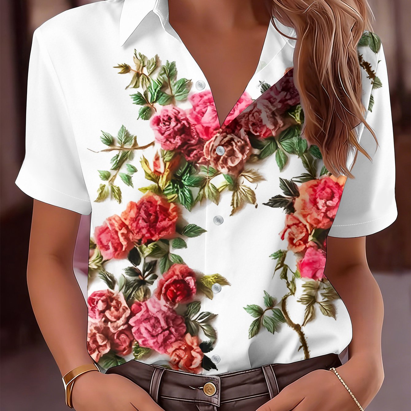 TEMU Women's Polyester Short-sleeve Shirt With Print Design, Breathable And Skin-friendly Daily Top, Artistic Floral Versatile Blouse, New Summer