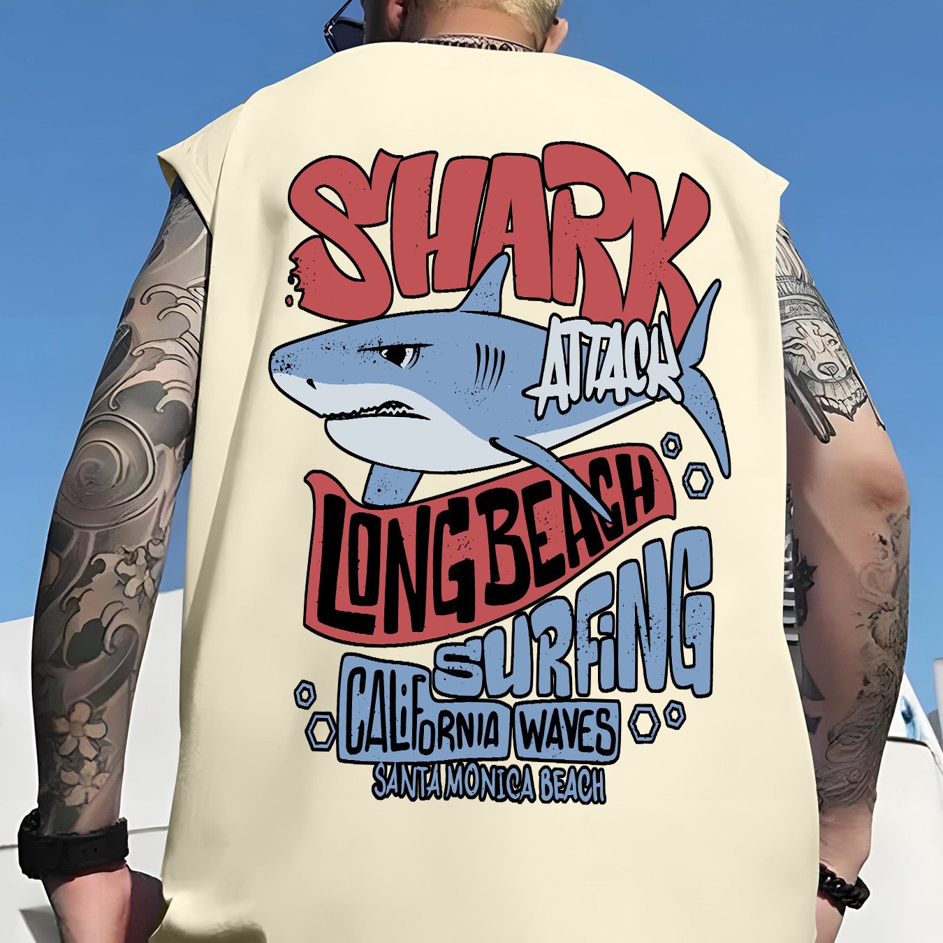 TEMU [print Design - Not Textured] Men's Shark Surfing Pattern Vest - Loose Casual Summer Shirt, Round Neck, Letter Print, Machine Washable, Outdoor