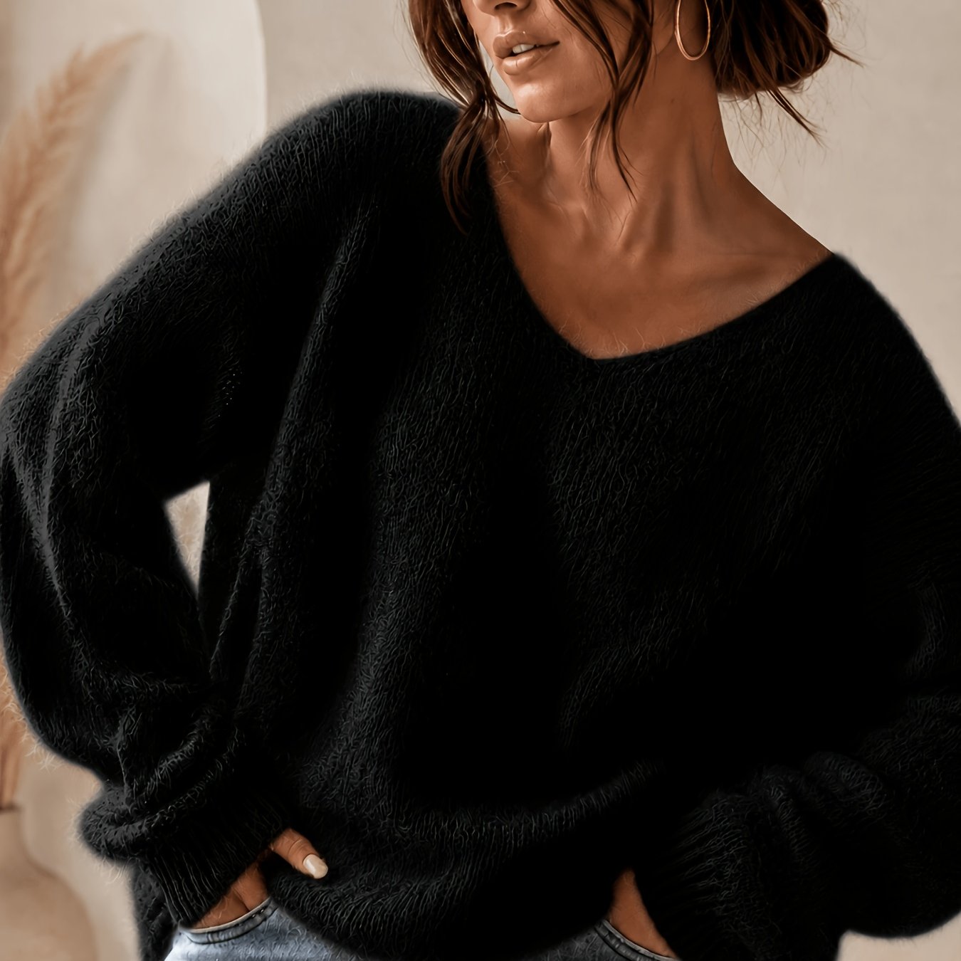 TEMU Women's Fluffy Sweater Soft Oversized Pullover Long Sleeve Cozy Fall Top