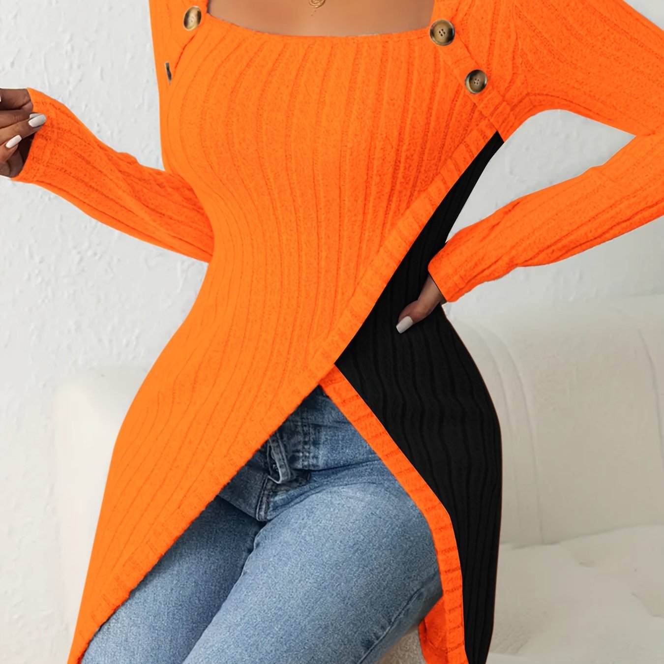 Fashionable And Versatile Color- Long-sleeve Ribbed Top For Women