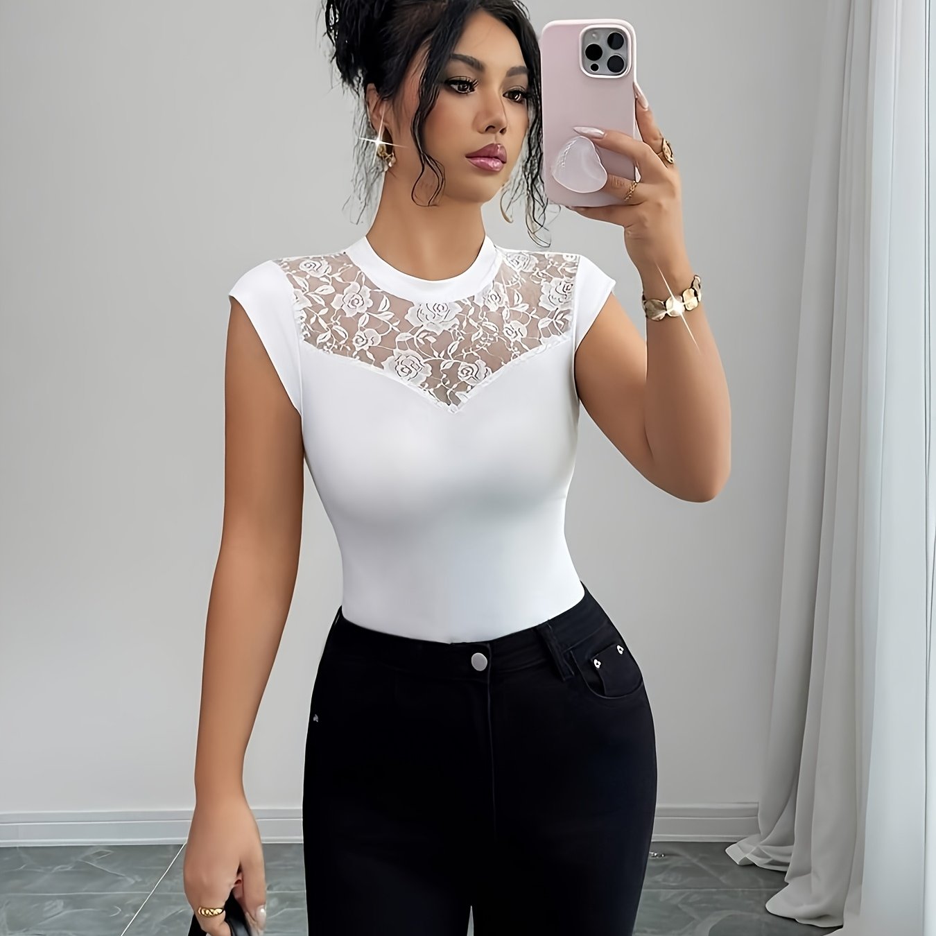 TEMU Women's Round Neck Elegant Lace Slim T-shirt