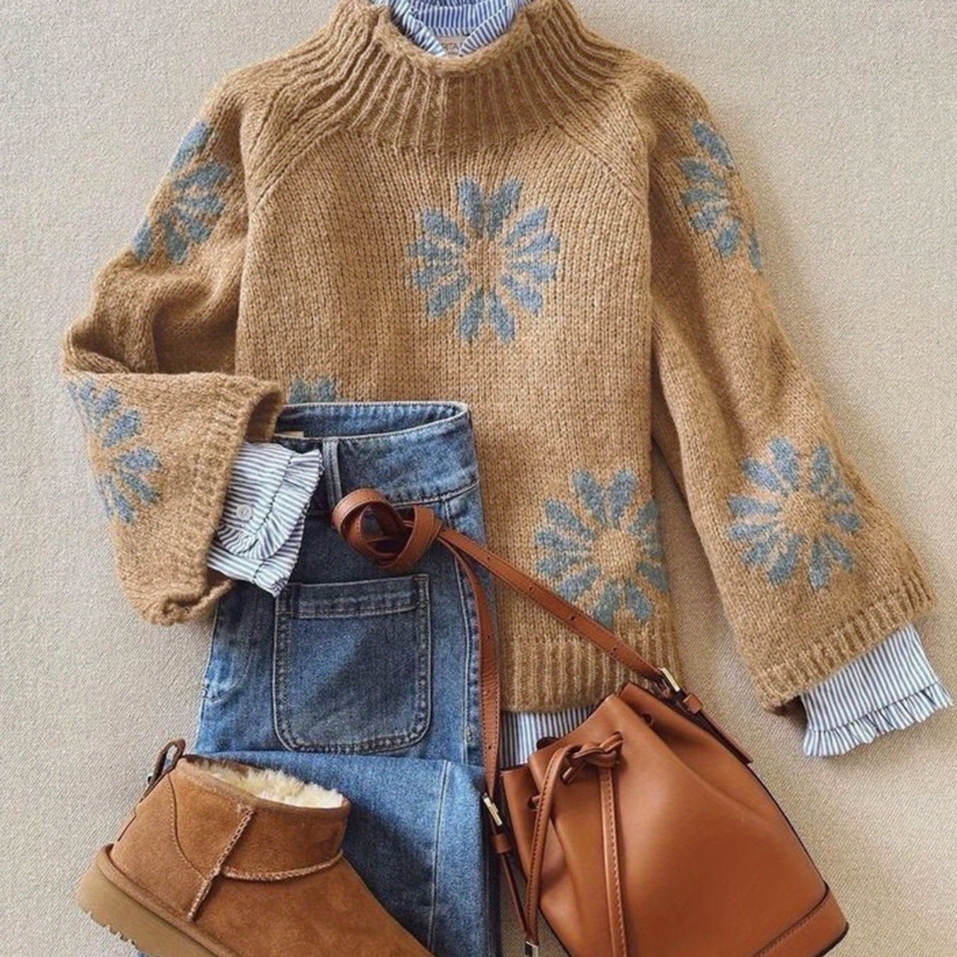 Image of Women's Elegant Color-block Sweater - Loose Fit Long Sleeve Round Neck Spring/autumn Blouse, Soft Warm Cozy Sweaters For Casual & Semi-formal Wear, Hand Wash Or