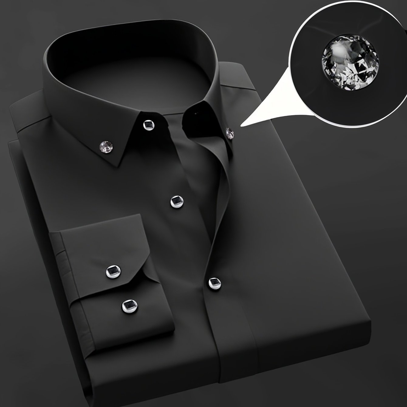 TEMU Men's Non-iron Long Sleeve With Diamond Buttons& Button- Collar | Wrinkle-free Stretch Polyester | Office Work Shirt In White& Black