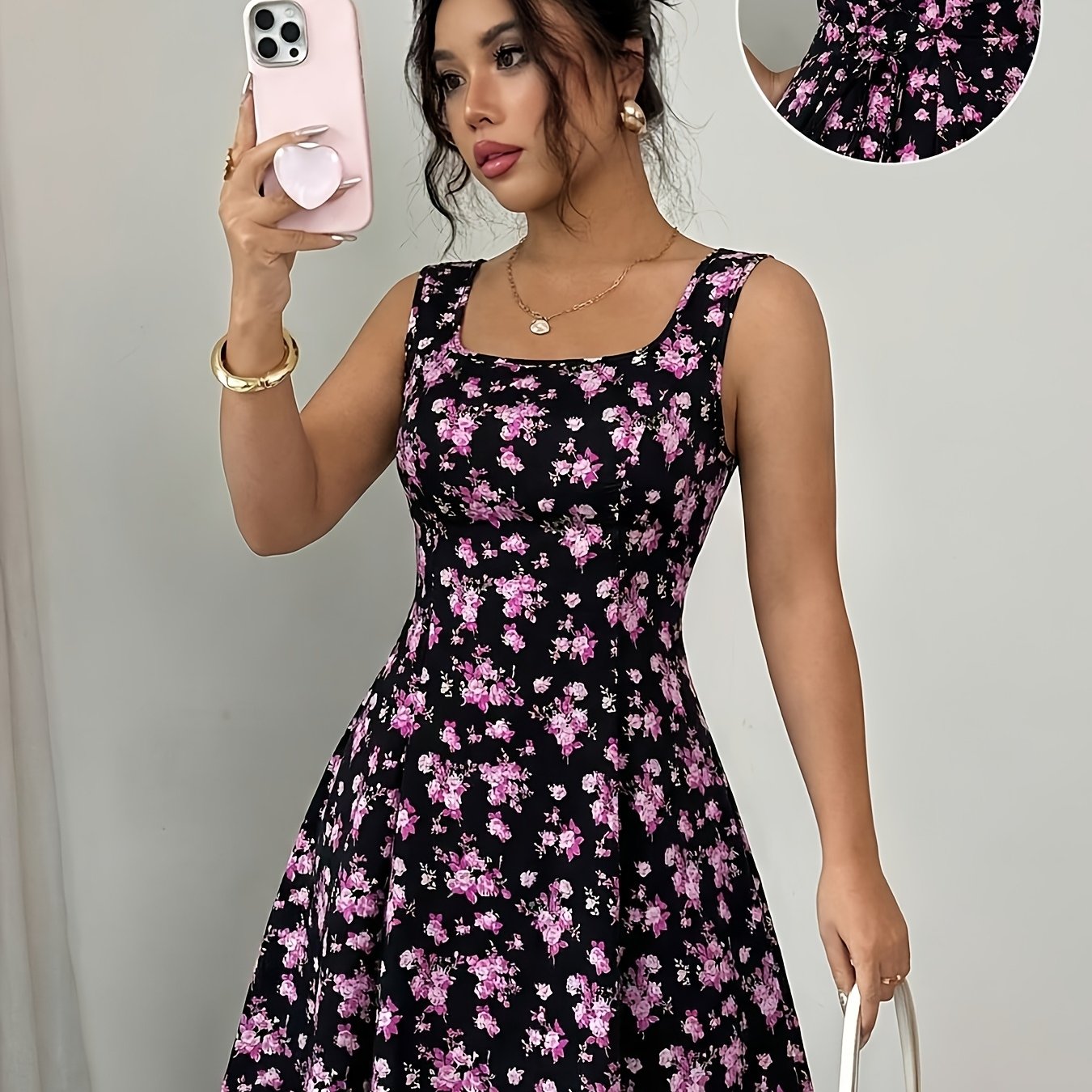 Summer New Women's Sleeveless Square Neck Tie-front A-line Floral Mini Dress