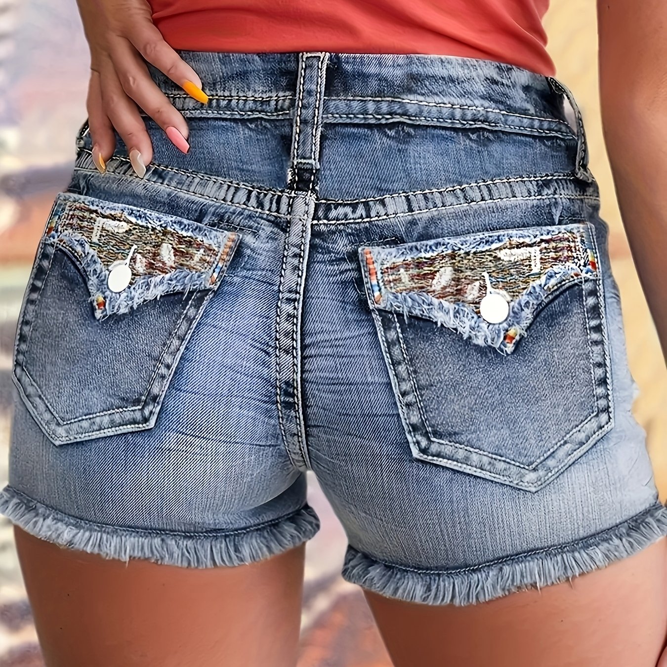 TEMU Women' Blue Washed High-waist Denim Shorts With Trim And Embroidery, Featuring Embroidered , In A Stylish, Retro And , Suitable For Daily ,