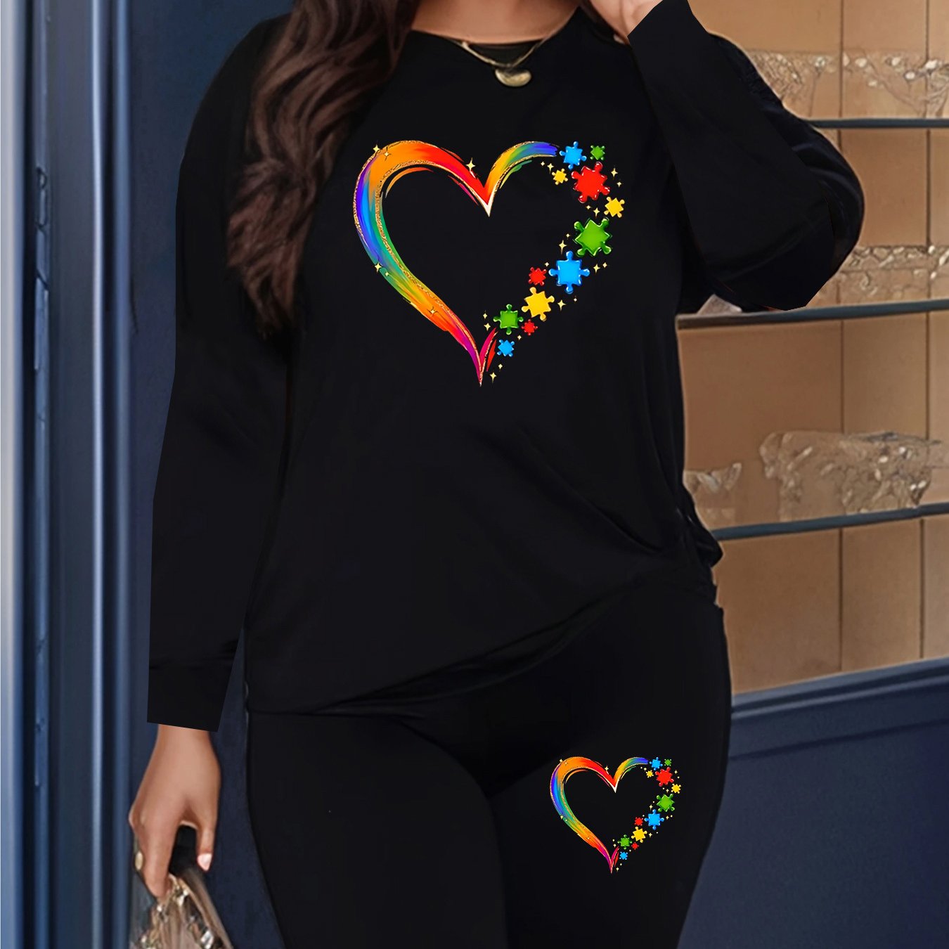 TEMU Plus Size - Plus Size - Casual Two-piece Outfit For Women Featuring A Round Neck Long Sleeve Top And Pants, Ideal For Any Season