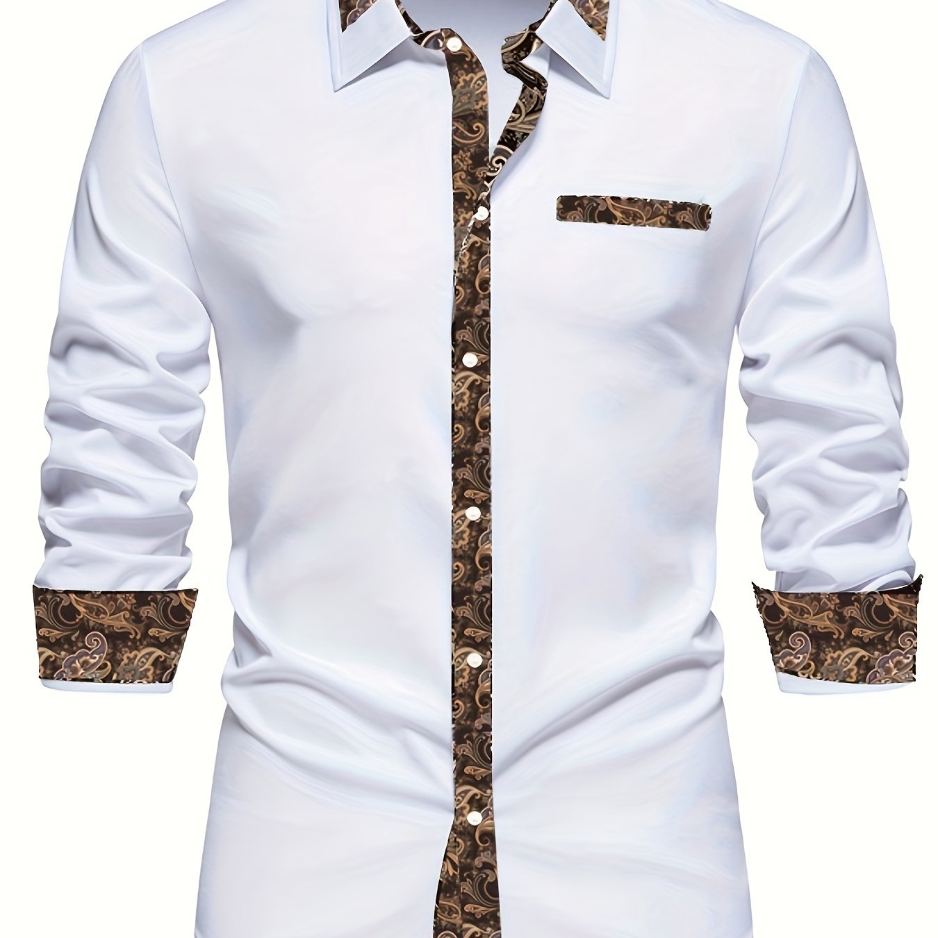 TEMU Paisley Lapel Collar Dress Shirts, Long Casual Shirt For Occasions, Cloth