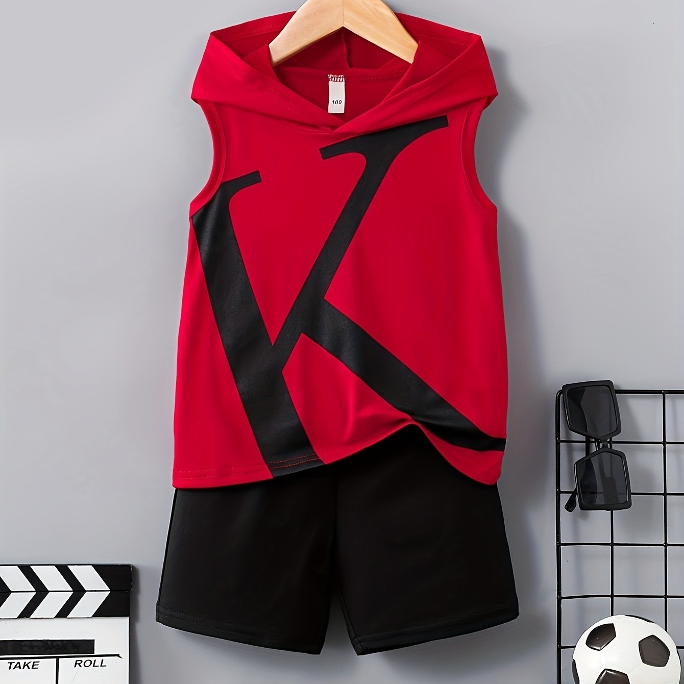 Image of Boys' "k" Fashionable Individual Pattern Red Sleeveless Hooded T-shirt And Shorts 2pcs Set, For Outdoor