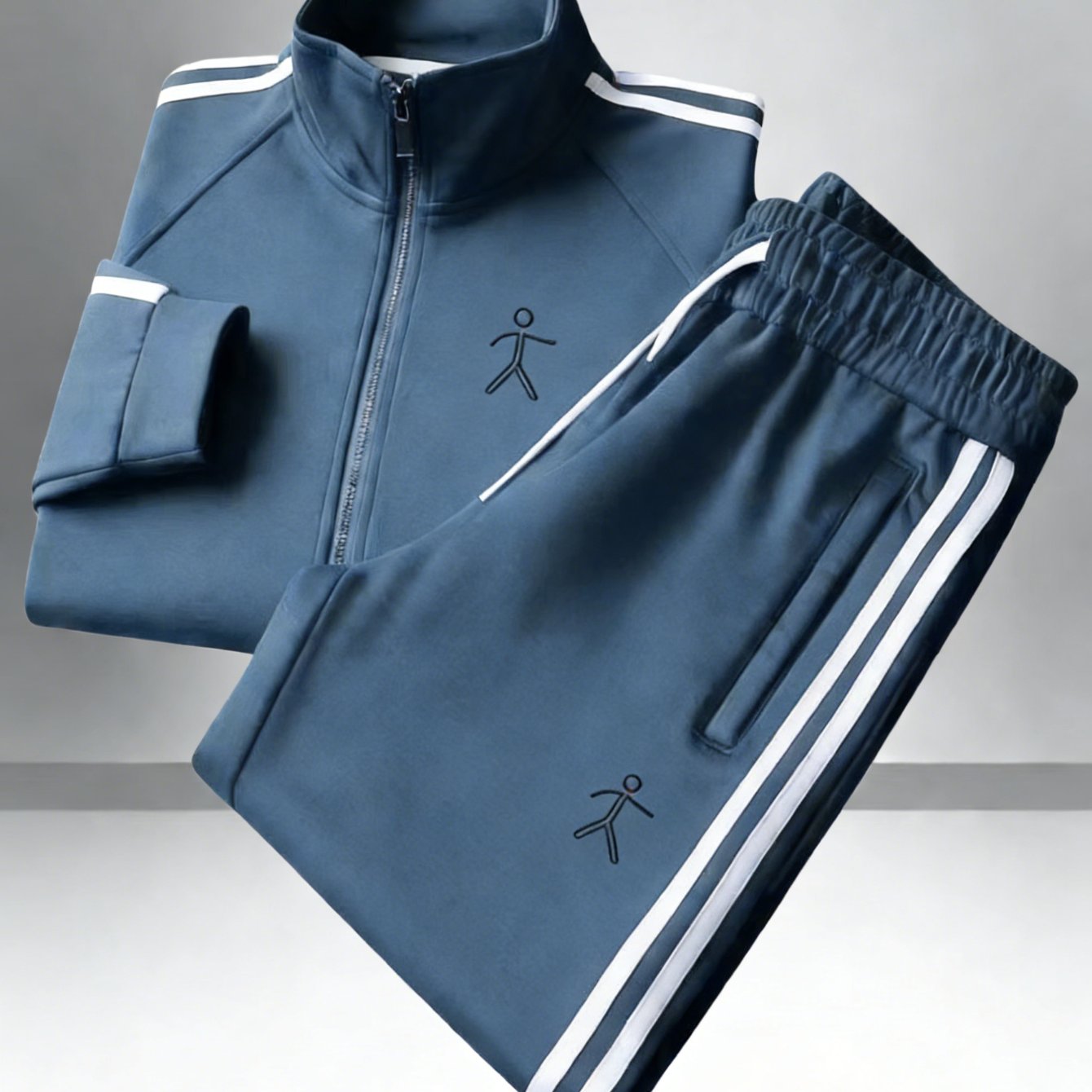 Men's Casual Two-piece Suit Featuring A Polyester Stand Collar And Zipper, With A Easy Printed Design And Loose Fit, Complemented By Side Stripes