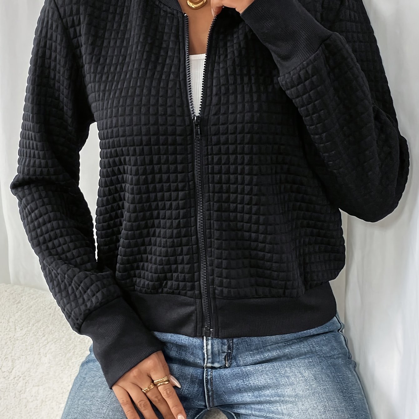 A Women's Black Casual Short Baseball Jacket, Featuring A Patterned Long-sleeve Zip-up Lightweight Coat, Machine Washable And Versatile For .