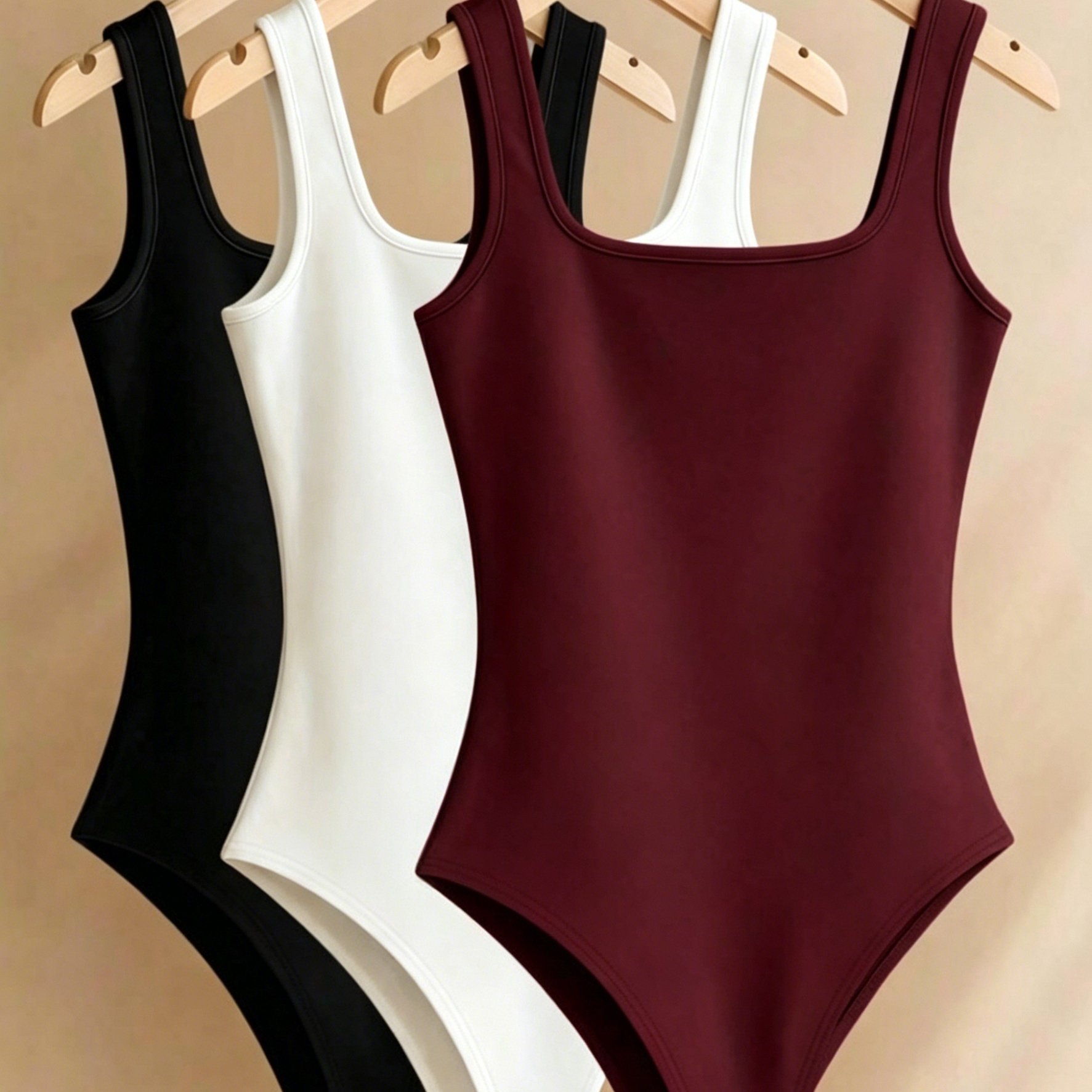 TEMU Dames 3-delige set vierkante hals bodysuit, wijde band stretch mouwloze camisole, dames dagelijks woon-werkverkeer onderkleding bovenkleding,
