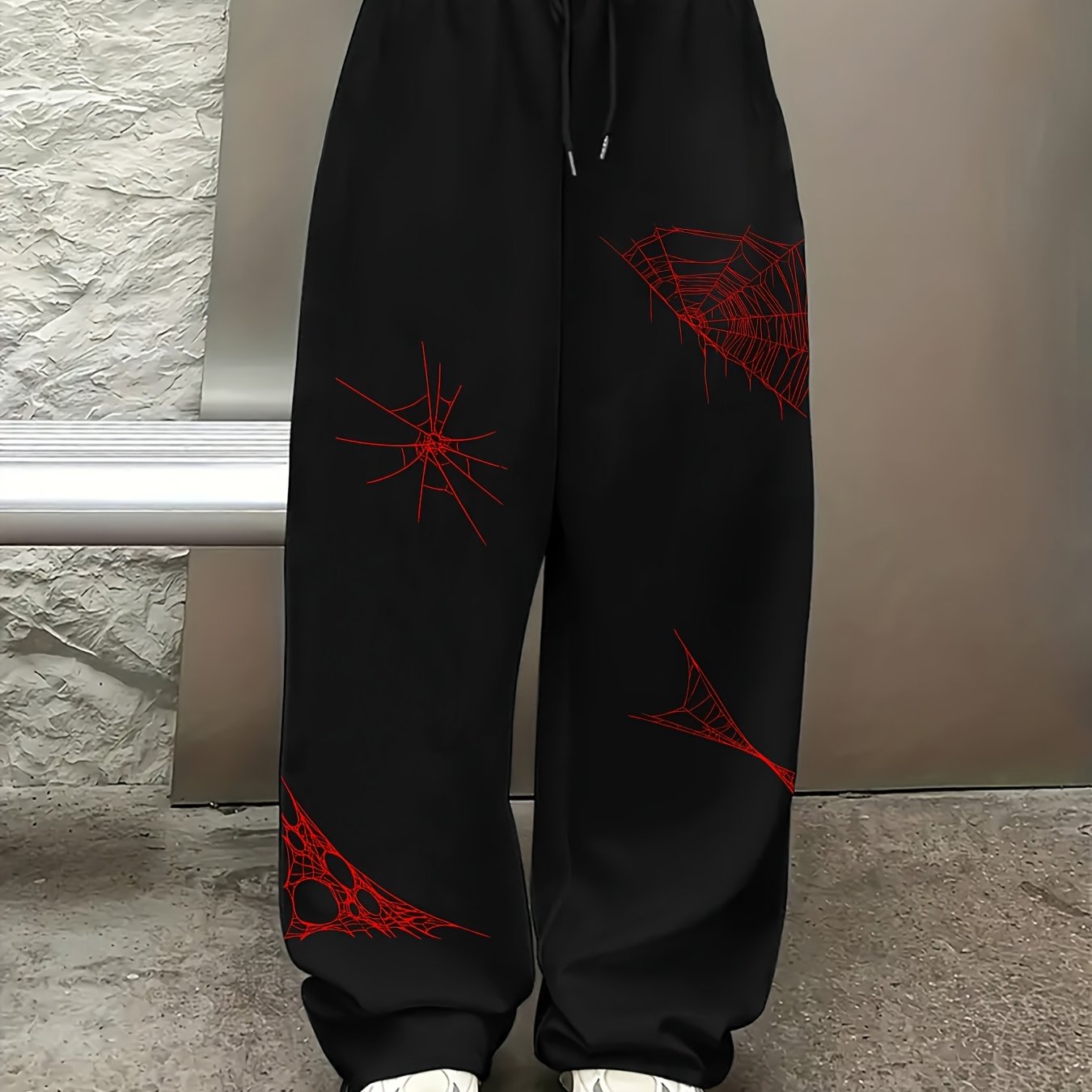 TEMU Loose Straight-leg Pants With Style Spider Web Pattern Print, Fashionable And Versatile Casual Long Trousers, Featuring A Drawstring Elastic
