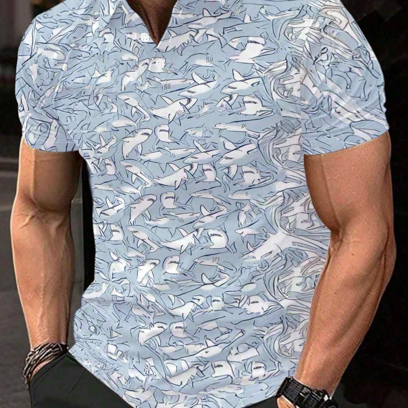 TEMU Men's Short-sleeve Shirt - Flat Pattern - No Texture - Of Sharks Swimming On A Light , Stylish And Minimalist Short-sleeve With Buttons, Casual