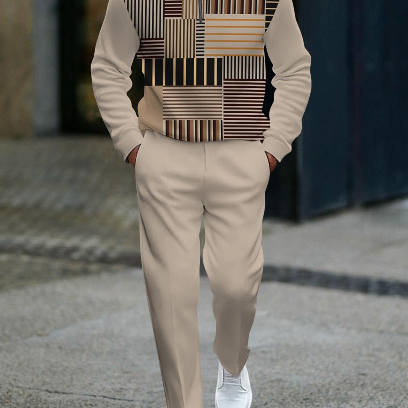 Image of Stand Collar Men's Style Trendy Geometric Pattern Tracksuit With Abstract Square Rectangle Vertical In Beige Tan Color Men's Outfits For Adults Men Casual Wear