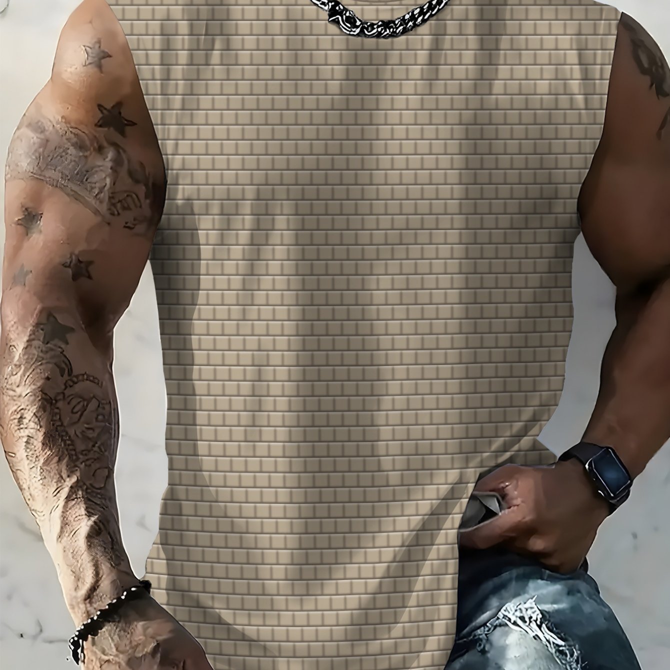 TEMU Men's Brick Wall Print Plus Size Wide Hem Tank Top, Summer Streetwear Brand Personality Sleeveless Top, Loose Fitness Vest, European And Street