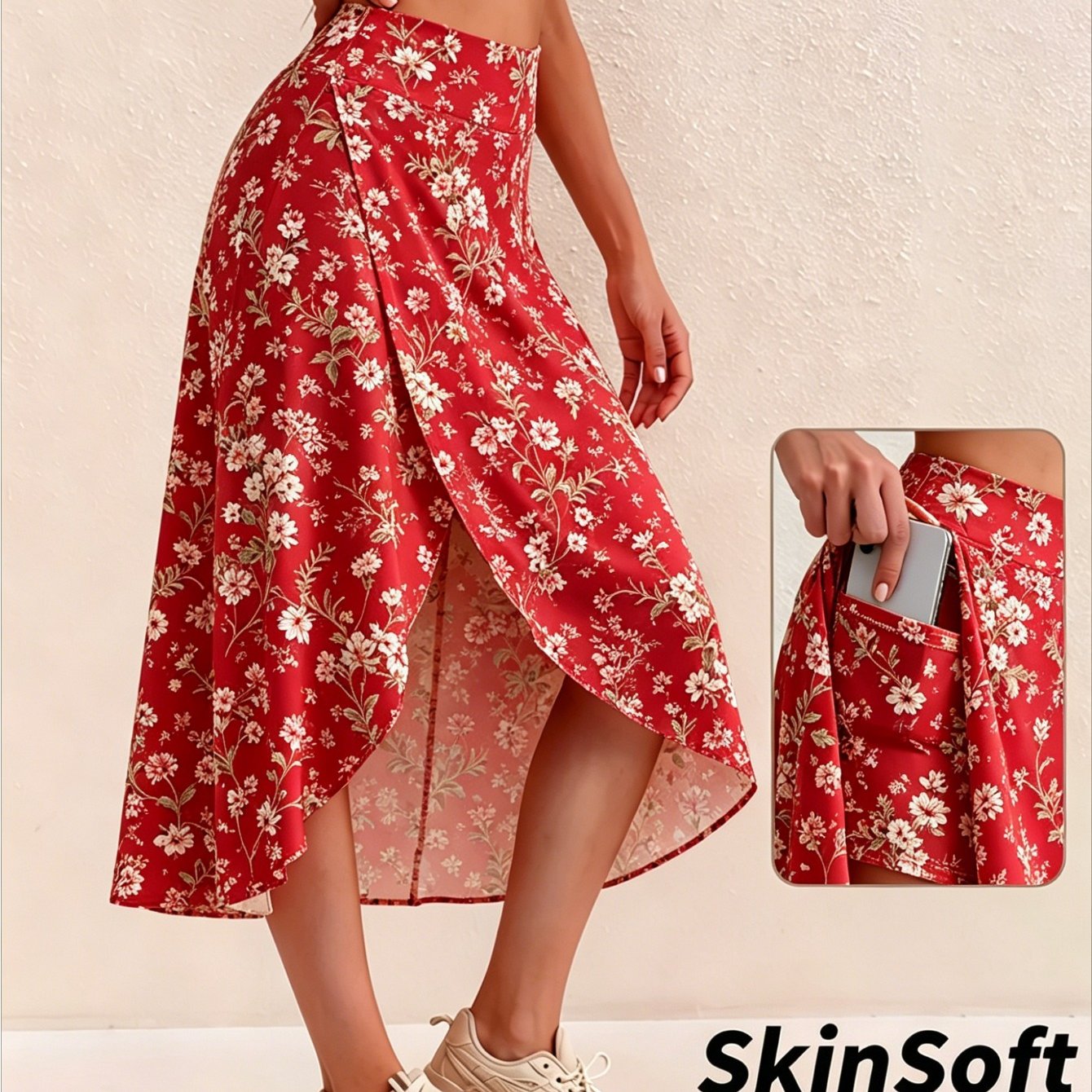 Image of Boho Yellow Floral Print Split Wrap Midi Skort For Women High Waisted Flowy Athletic Skirt With Pockets For Dance Golf Tennis And Everyday