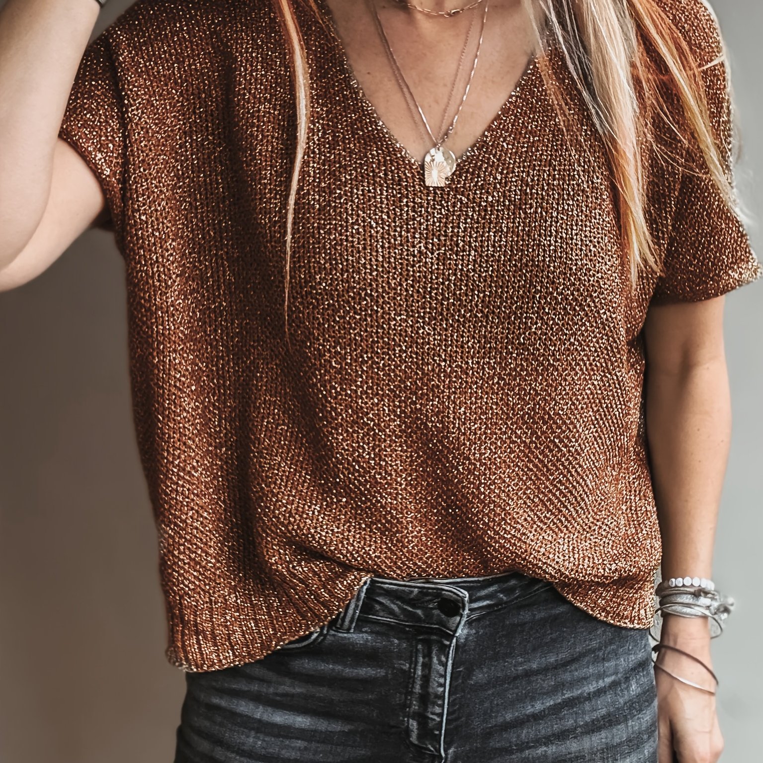 E-shop Vintage Goldglitzer-Pullover - Lockerer V-Ausschnitt Kurzarm-Bluse | Glänzend, ideal für Sommerpendeln, Casual Bürokleidung, Schichtungsstück,