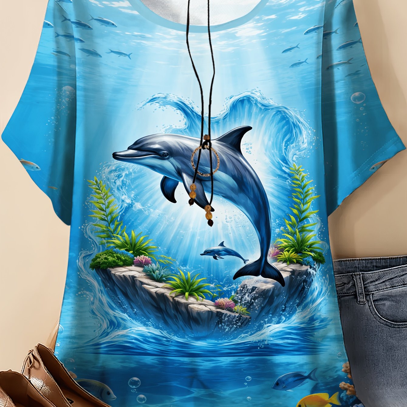 TEMU Plus Size, Women's Dolphin Print T-shirt - Casual Short Sleeve Crew Neck Top, Art Design, Breathable And Comfortable For , Machine Washable,
